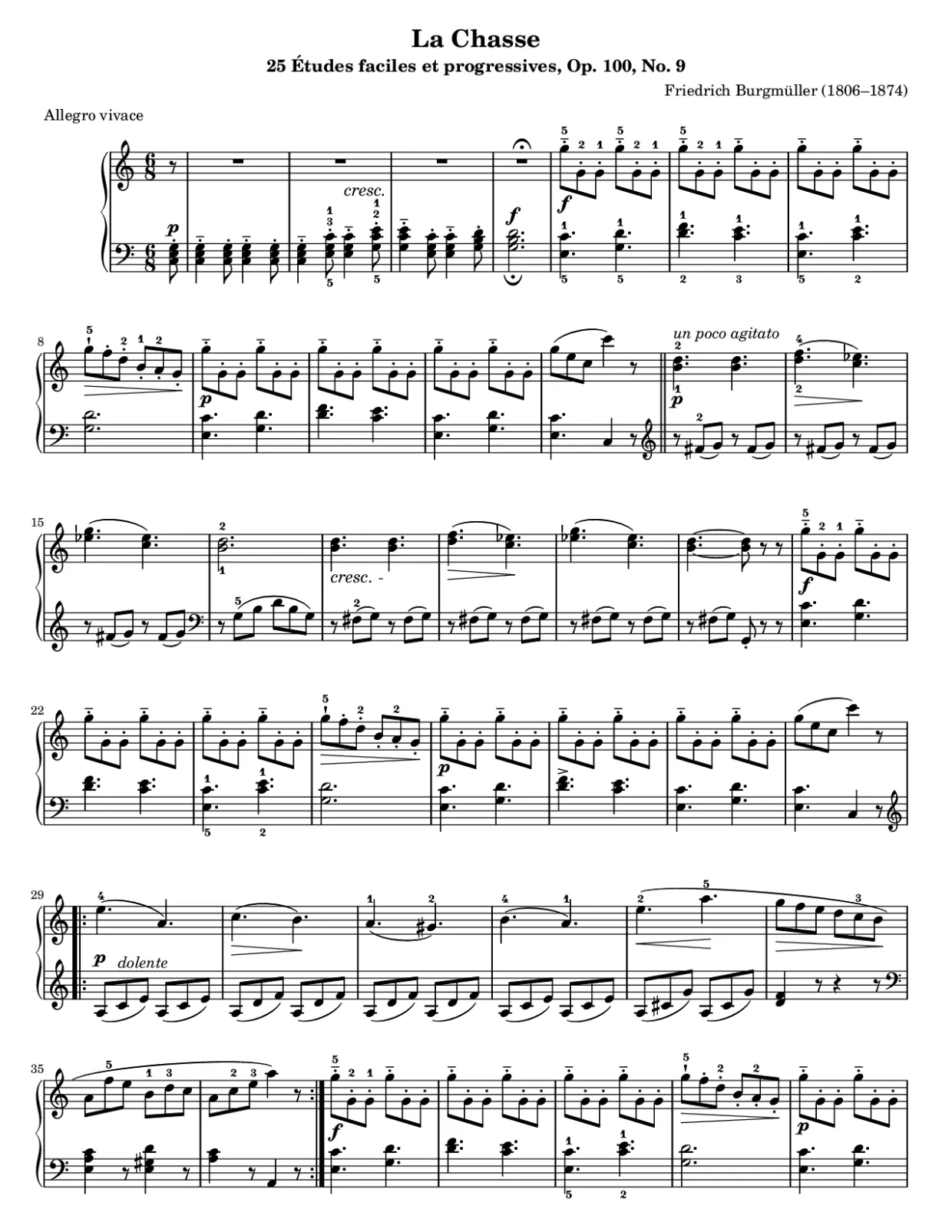 Notenseite 1, La Chasse (Burgmüller) - Mittlere Version