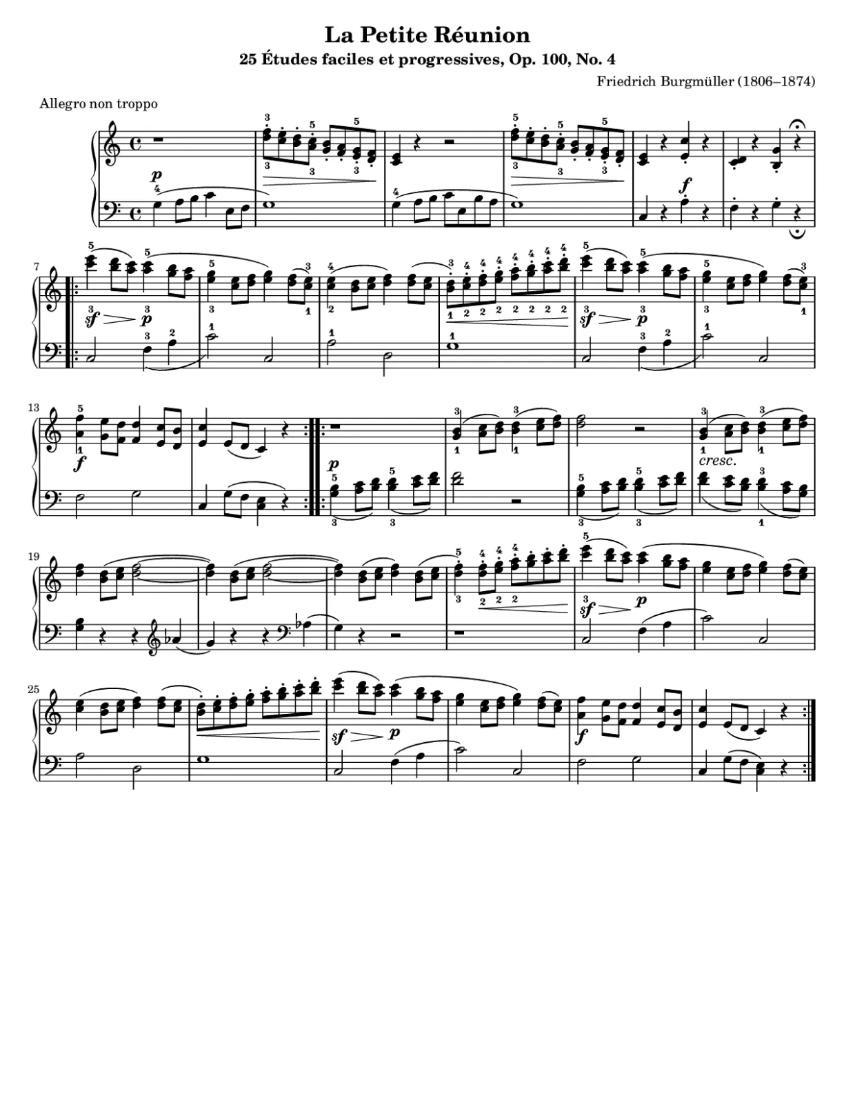 Sheet music page 1, La Petite Réunion (Burgmüller) - Beginner Version