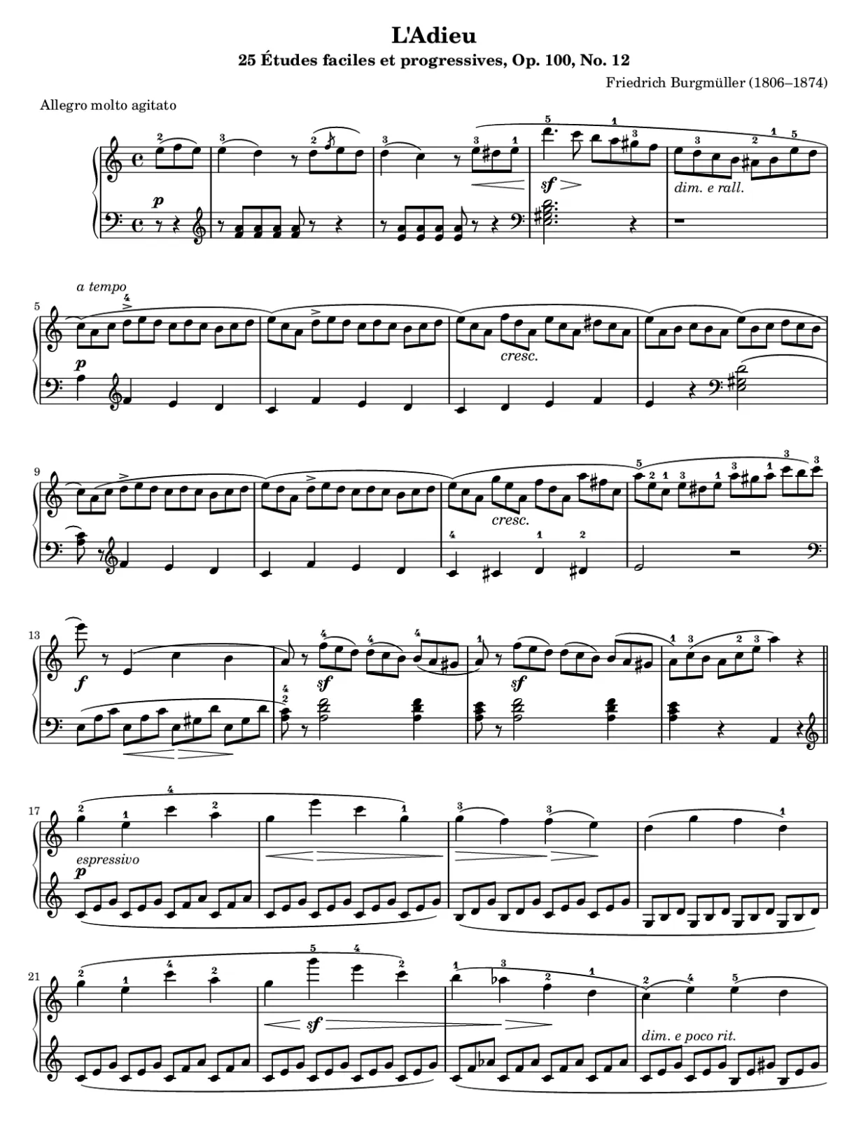 Sheet music page 1, L'Adieu (Burgmüller) - Intermediate Version