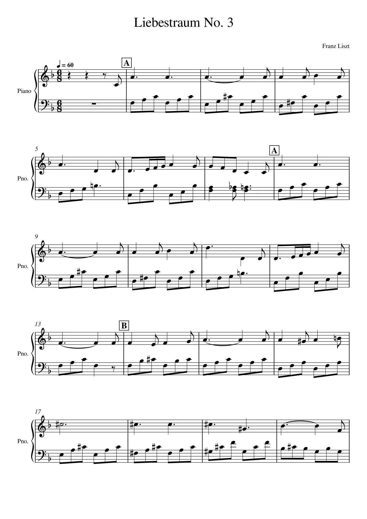 Sheet music page 1 Liebestraum No. 3 - Intermediate Version