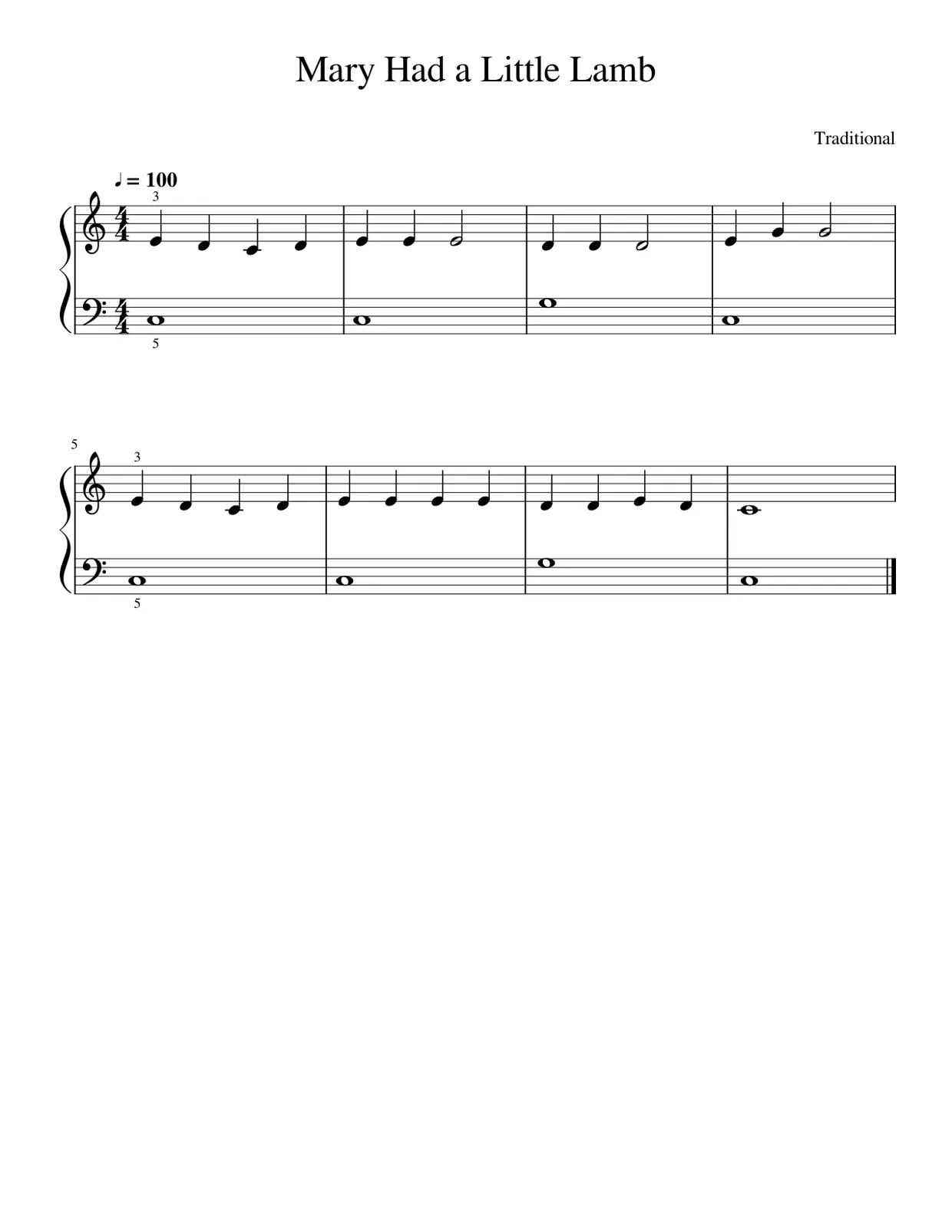Sheet music page 1, Mary Had a Little Lamb - Beginner Version