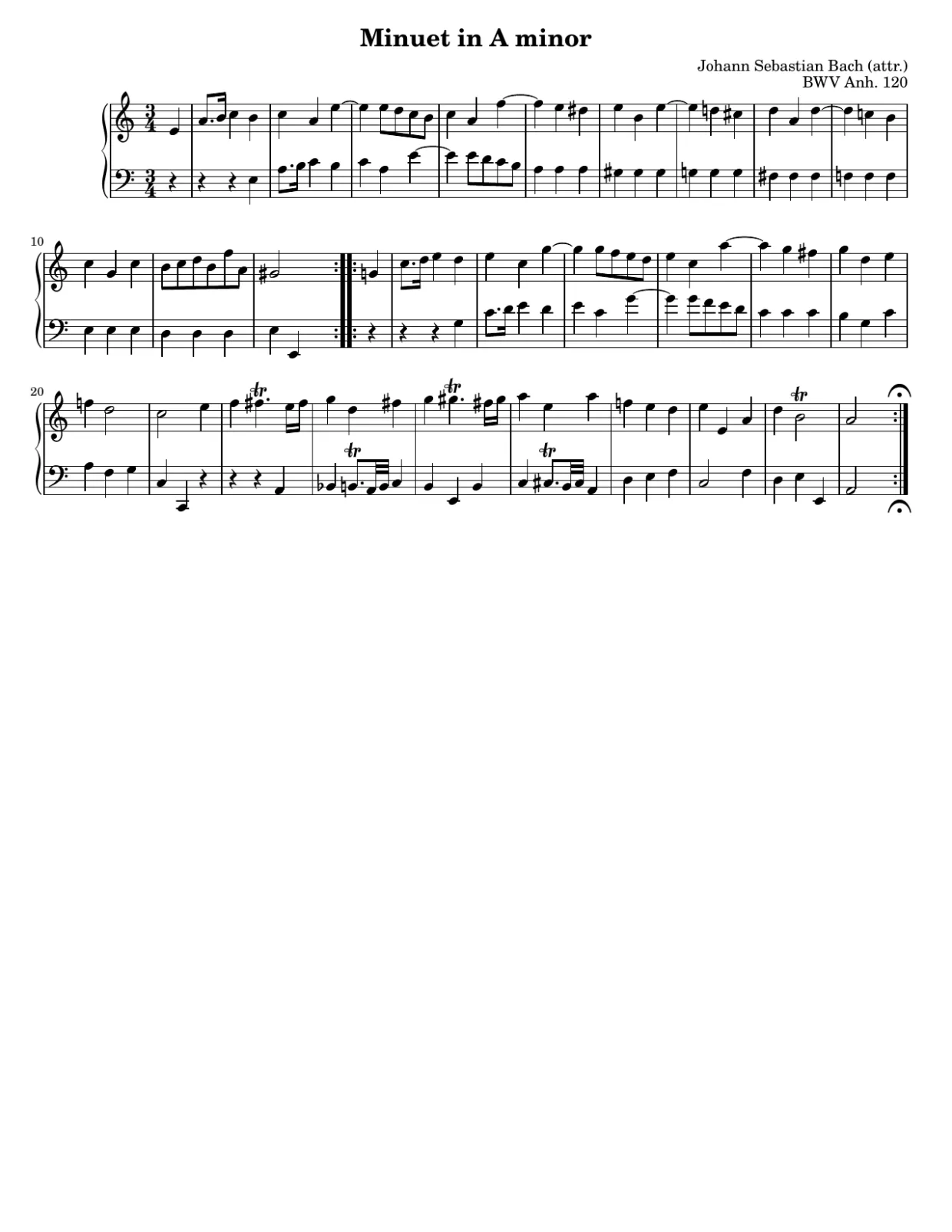 Sheet music page 1, Minuet in A Minor, BWV Anh. 120 - Beginner Version