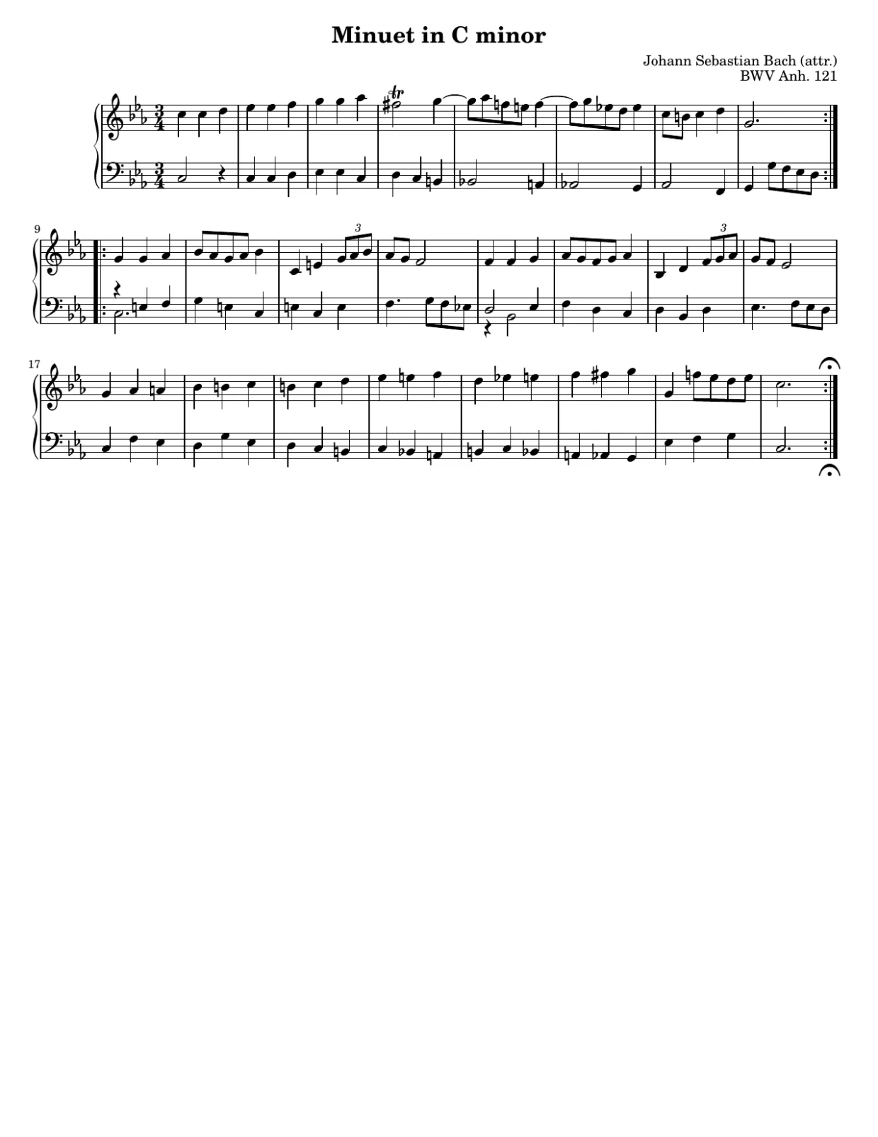 Sheet music page 1, Minuet in C Minor, BWV Anh. 121 - Beginner Version