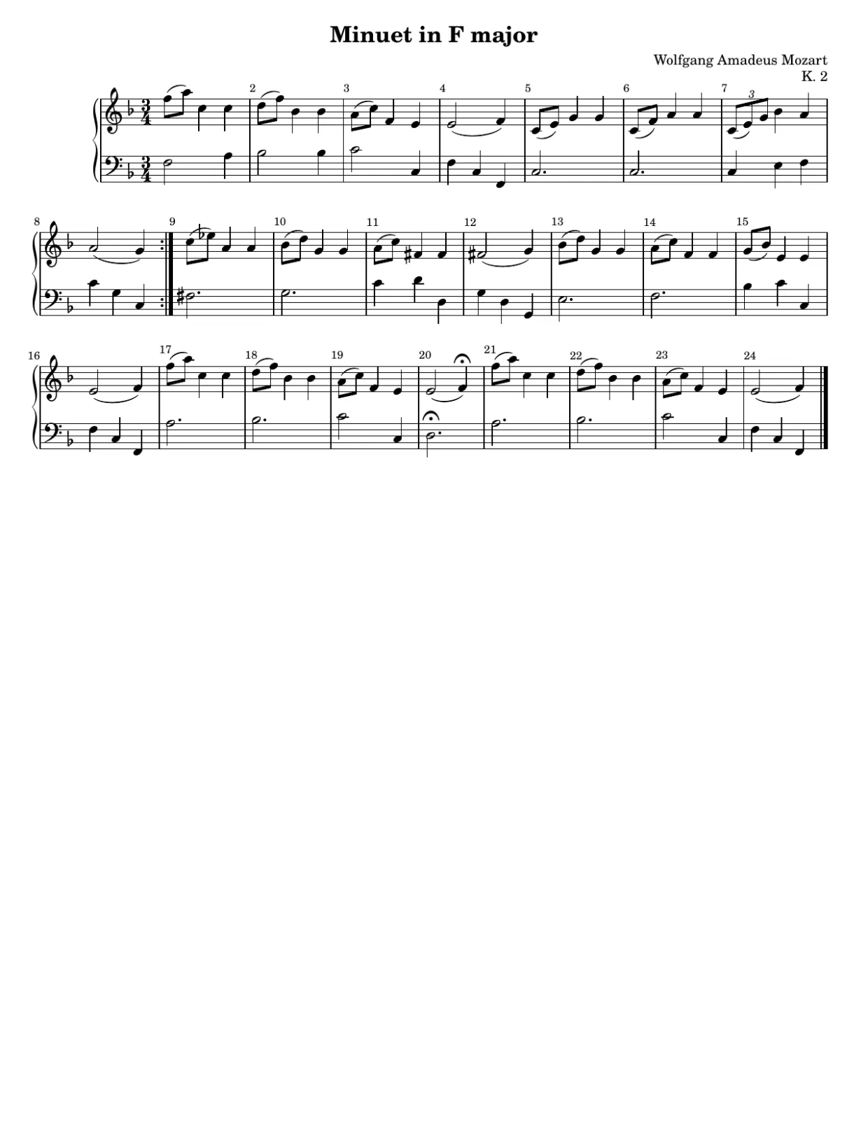 Notenseite 1, Menuett F-Dur KV 2 - Anfängerversion
