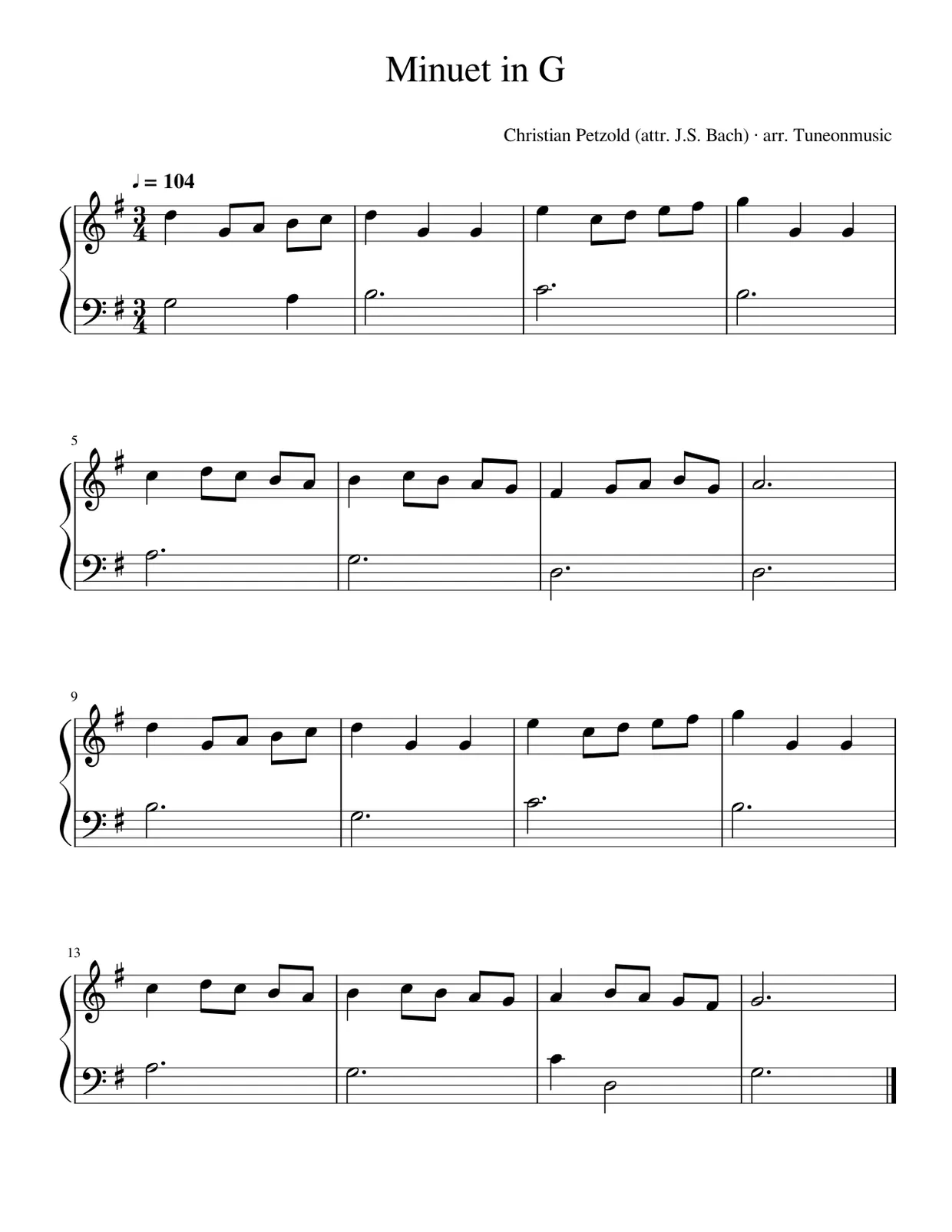 Sheet music page 1, Minuet in G major - Beginner Version