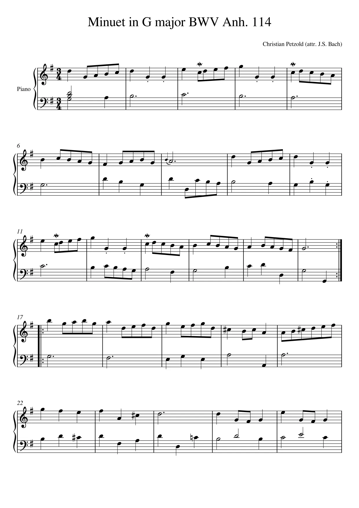 Sheet music page 1 Minuet in G major - Intermediate Version