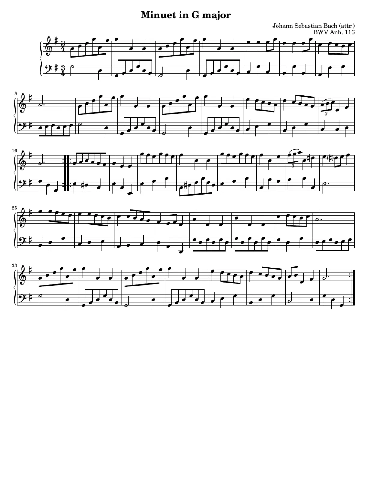 Sheet music page 1, Minuet in G Major, BWV Anh. 116 - Beginner Version