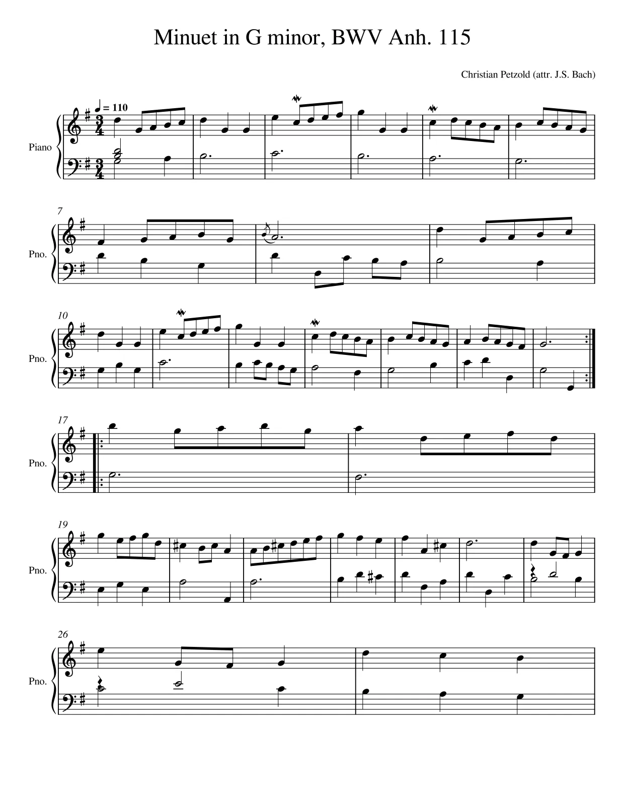 Sheet music page 1 Minuet in G minor, BWV Anh. 115 - Intermediate Version