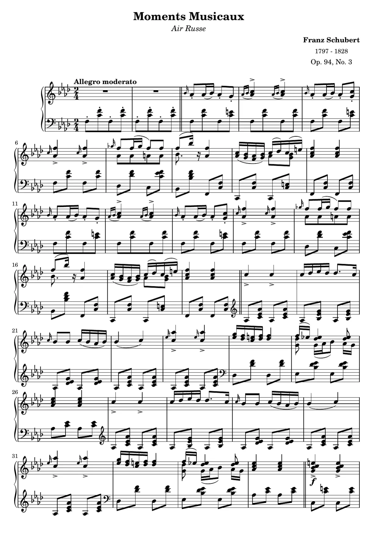Sheet music page 1, Moment Musical No. 3 - Intermediate Version