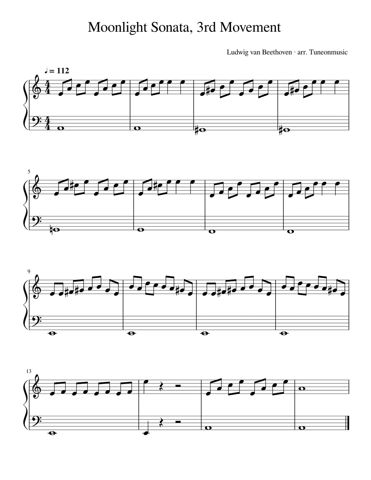 Sheet music page 1, Moonlight Sonata — 3rd Movement - Beginner Version