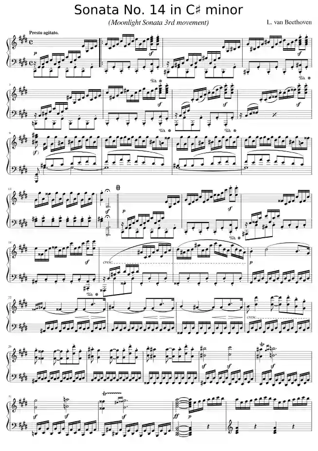 Sheet music page 1 Moonlight Sonata (Piano Sonata No. 14, Op.27 No.2, in C-sharp minor) - Advanced Version