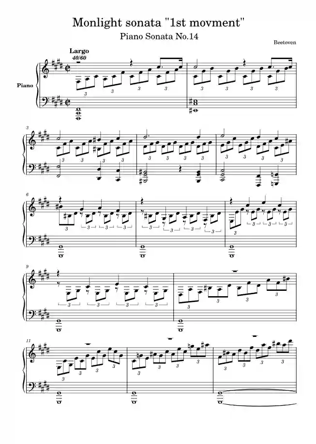 Sheet music page 1 Moonlight Sonata (Piano Sonata No. 14, Op.27 No.2, in C-sharp minor) - Beginner Version