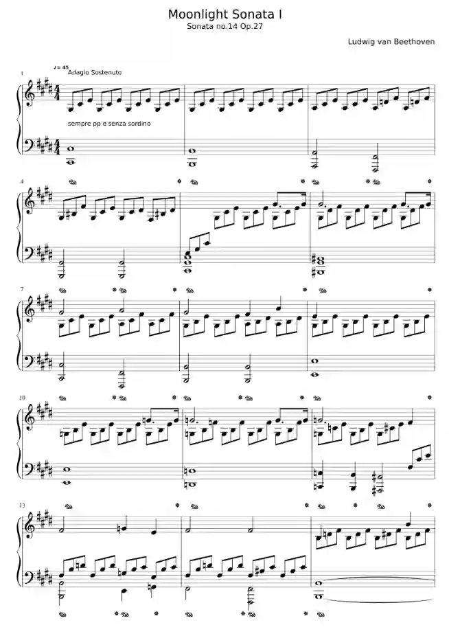 Sheet music page 1 Moonlight Sonata (Piano Sonata No. 14, Op.27 No.2, in C-sharp minor) - Intermediate Version