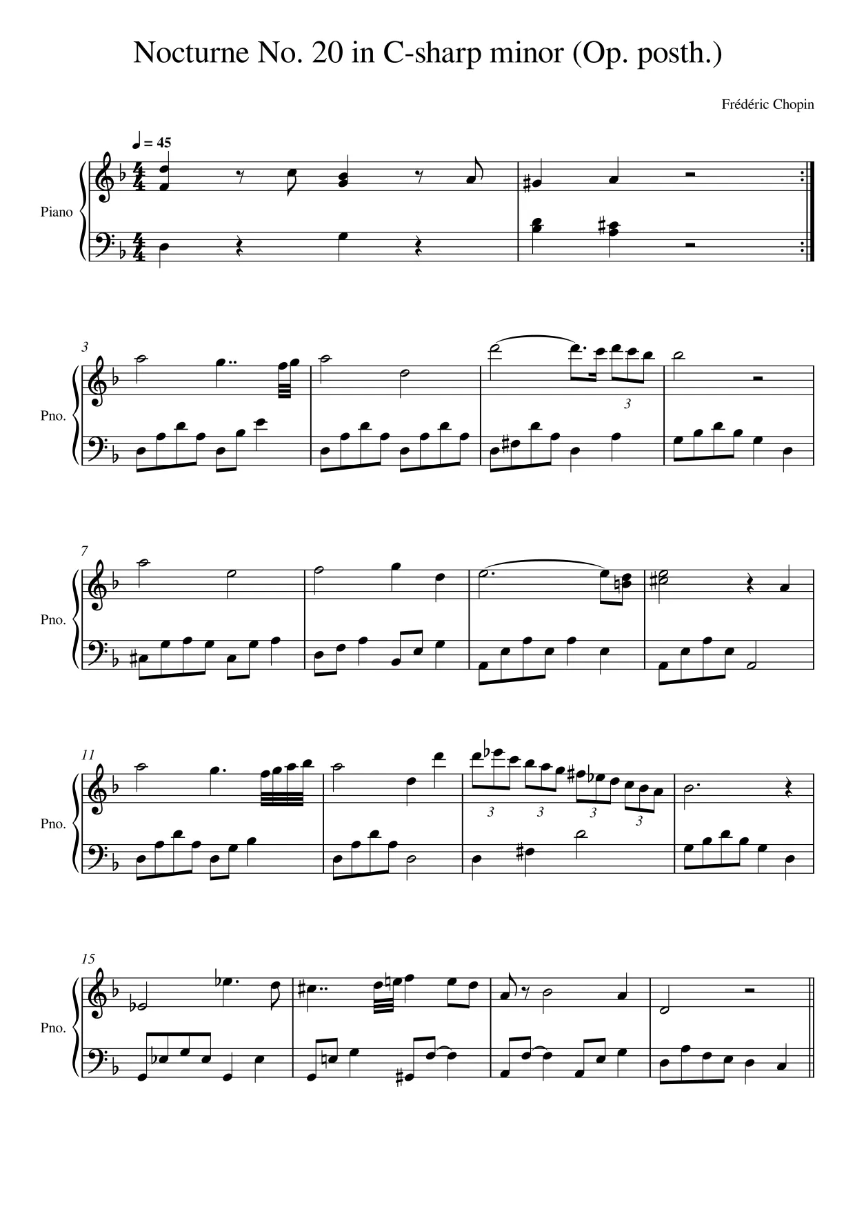 Sheet music page 1 Nocturne No. 20 in C-sharp minor - Intermediate Version