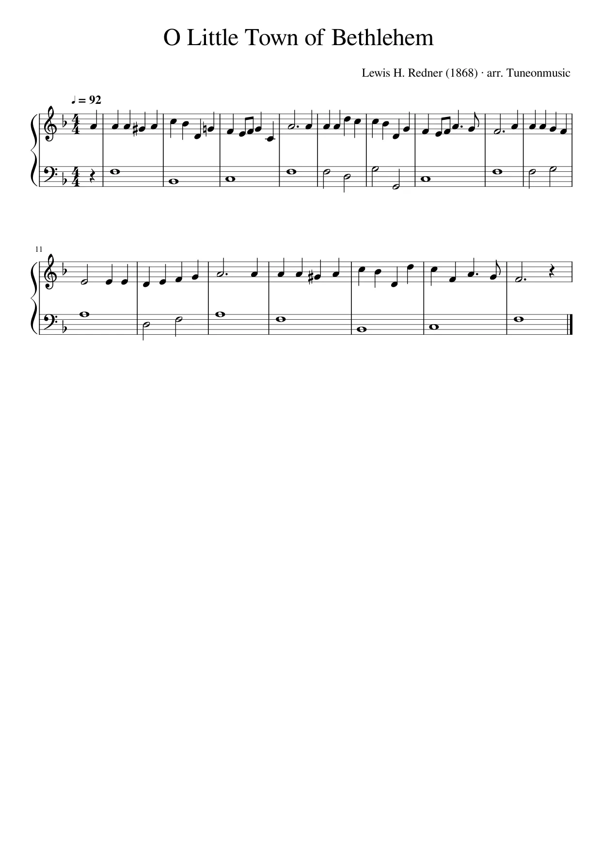 Sheet music page 1, O Little Town of Bethlehem - Beginner Version