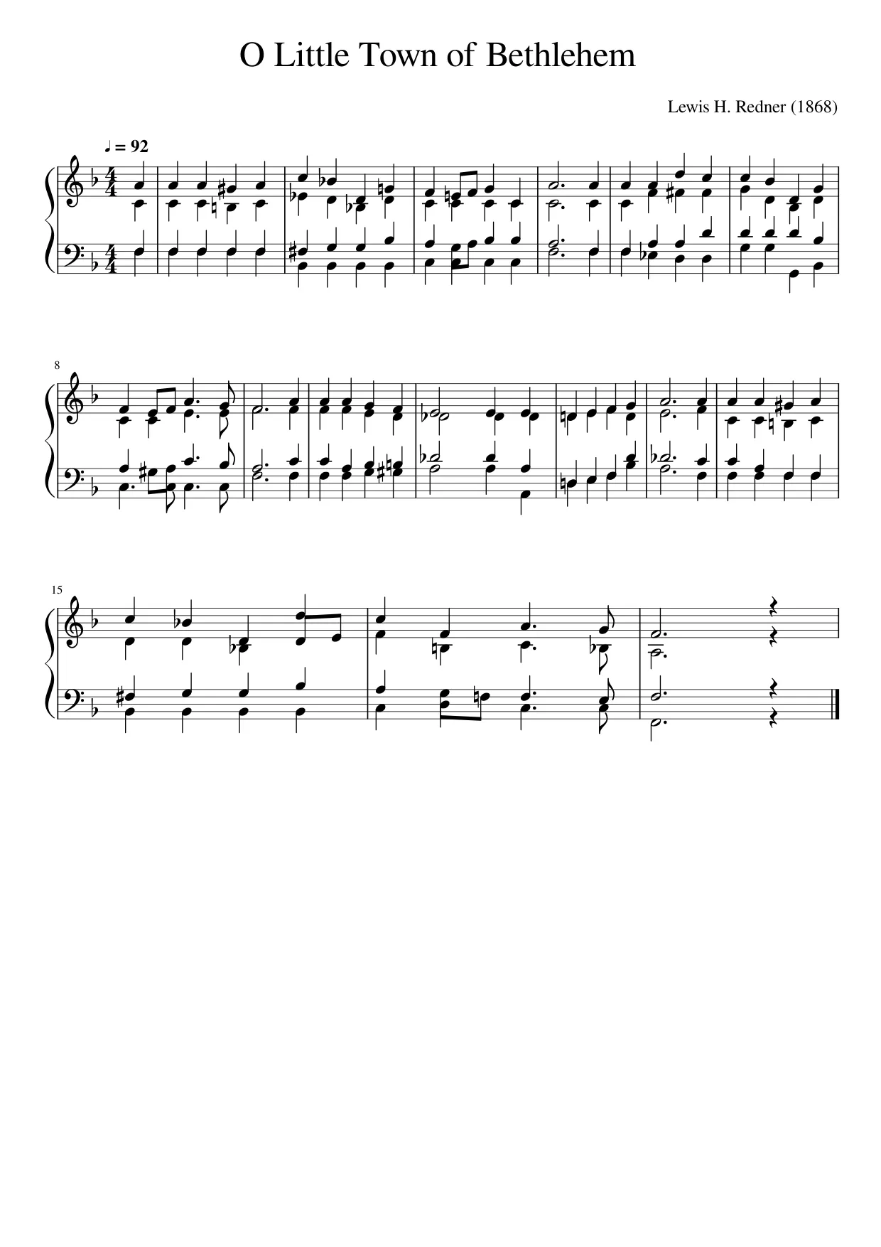 Sheet music page 1, O Little Town of Bethlehem - Intermediate Version