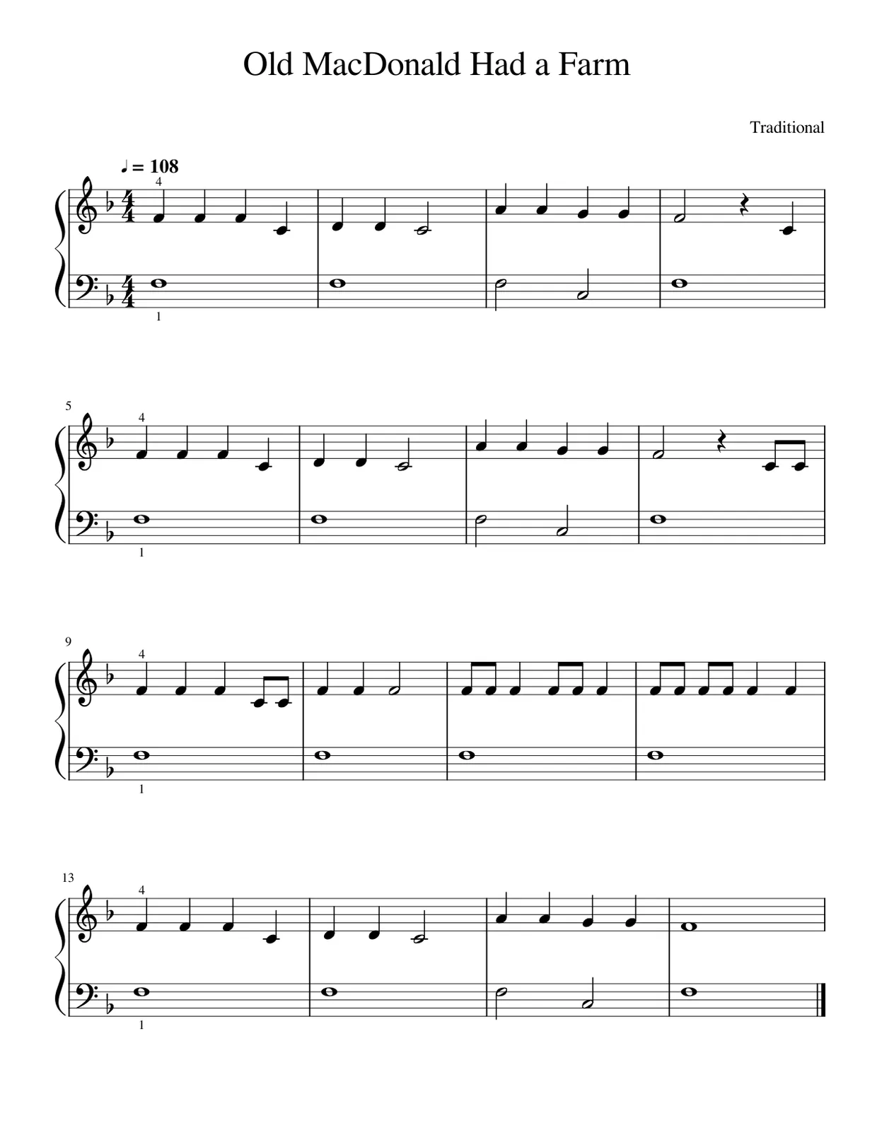 Sheet music page 1, Old MacDonald Had a Farm - Beginner Version