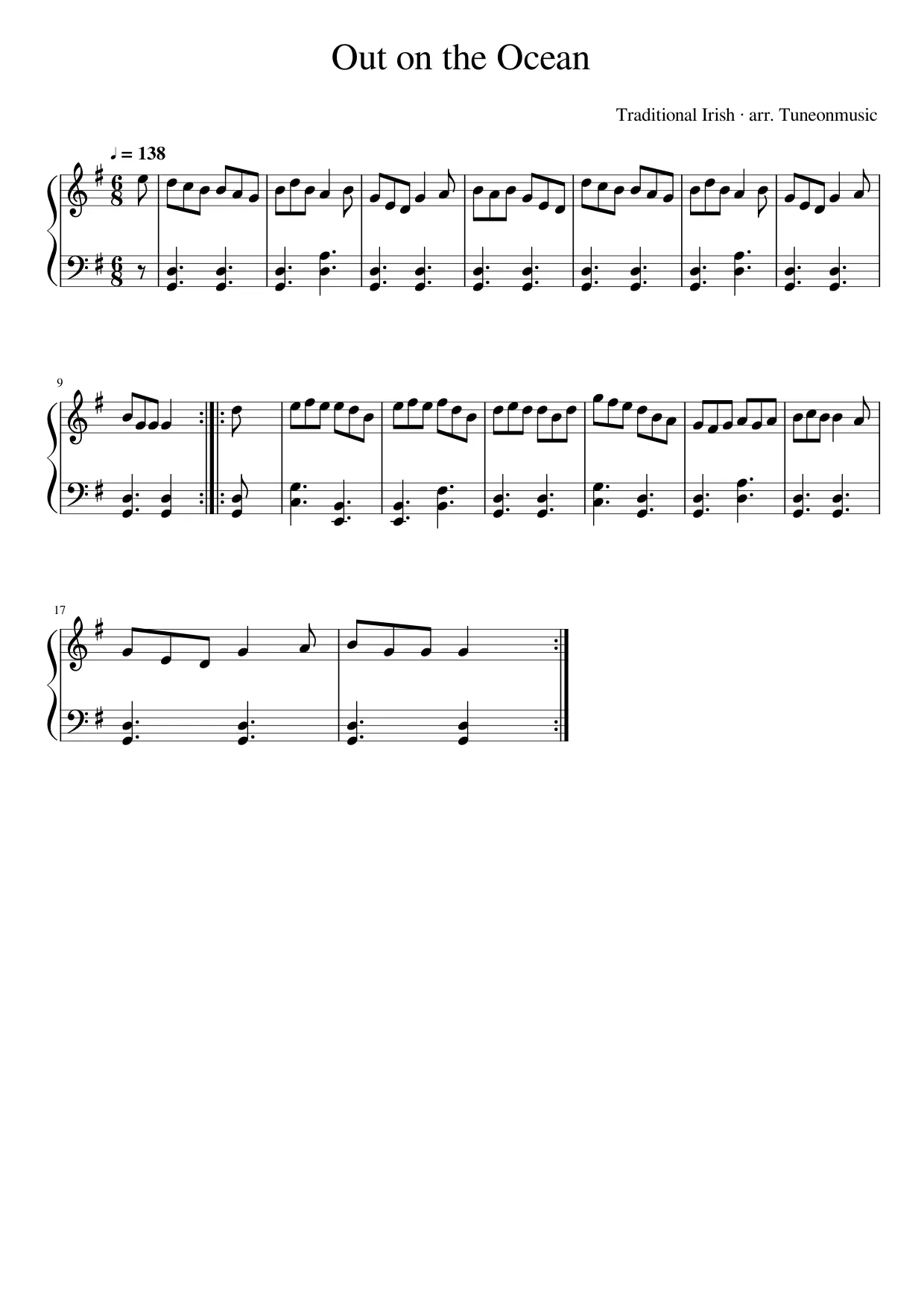 Sheet music page 1, Out on the Ocean - Intermediate Version