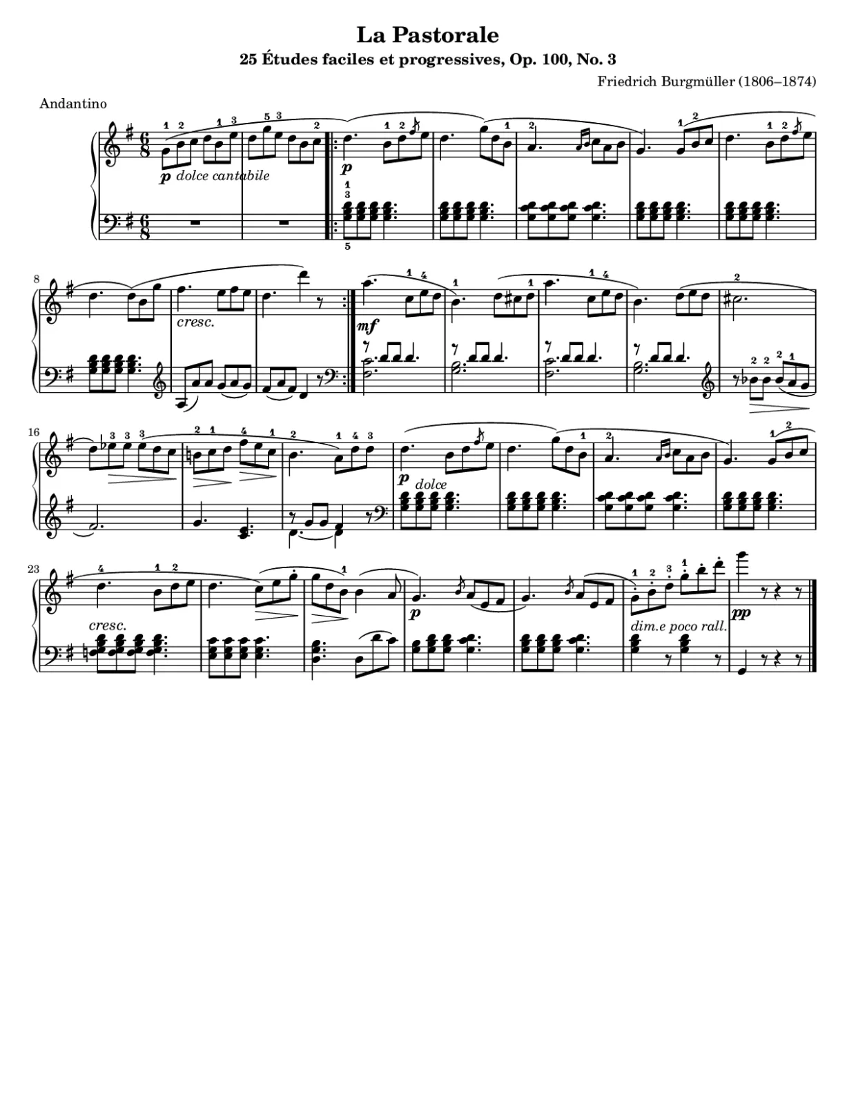 Sheet music page 1, La Pastorale (Burgmüller) - Beginner Version