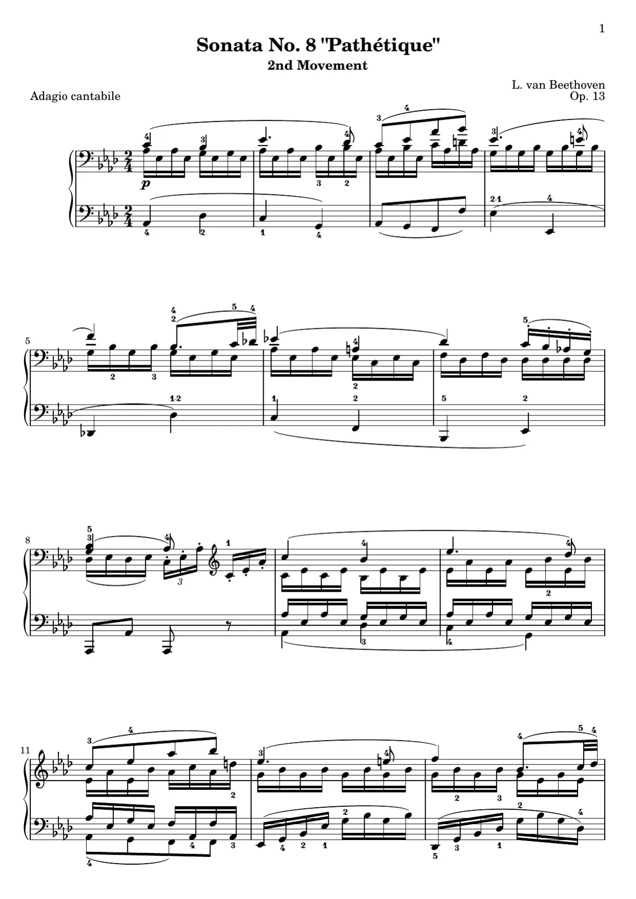 Sheet music page 1, Pathétique Sonata (2nd Movement) - Intermediate Version