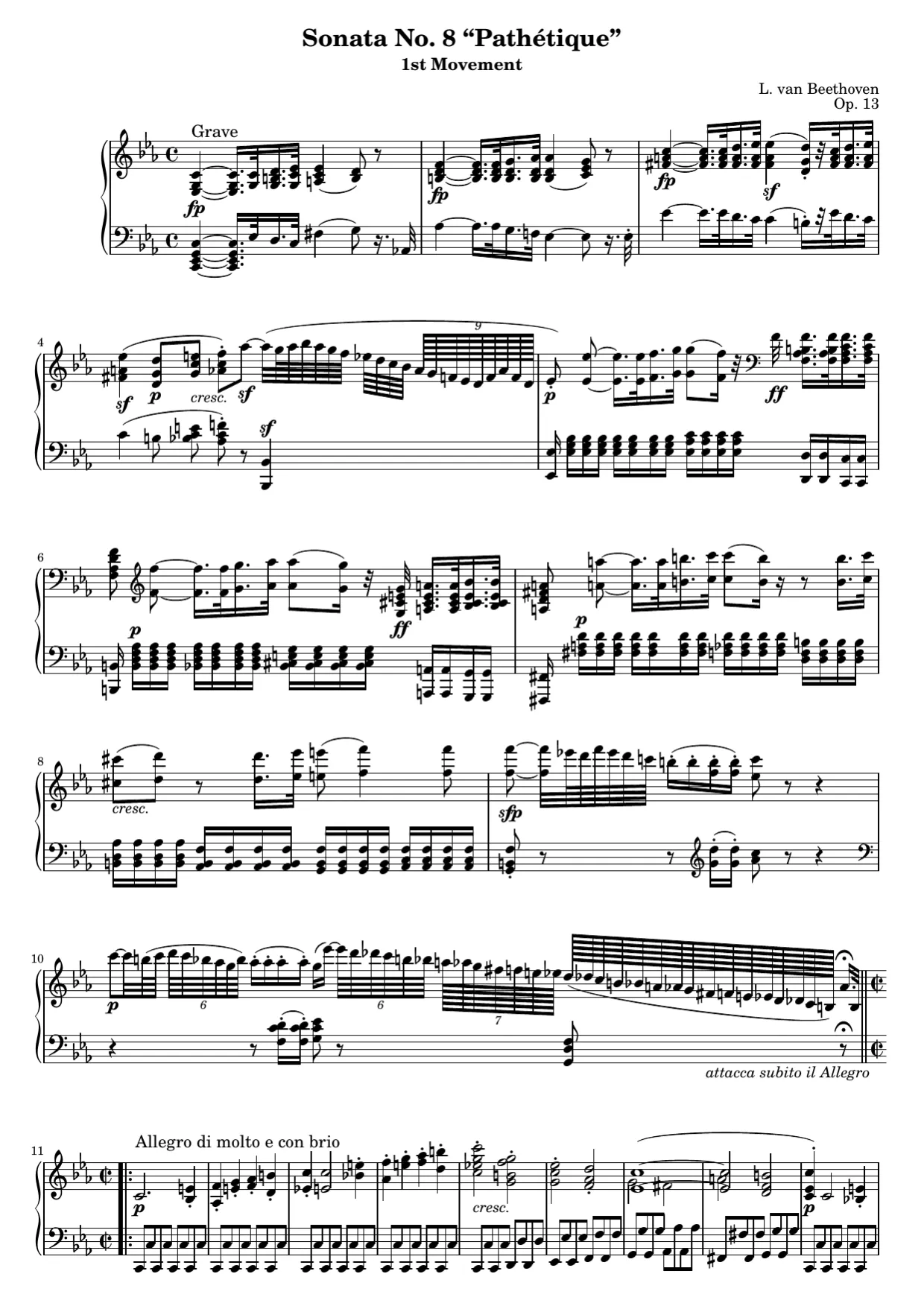 Sheet music page 1, Pathétique Sonata (1st Movement) - Advanced Version