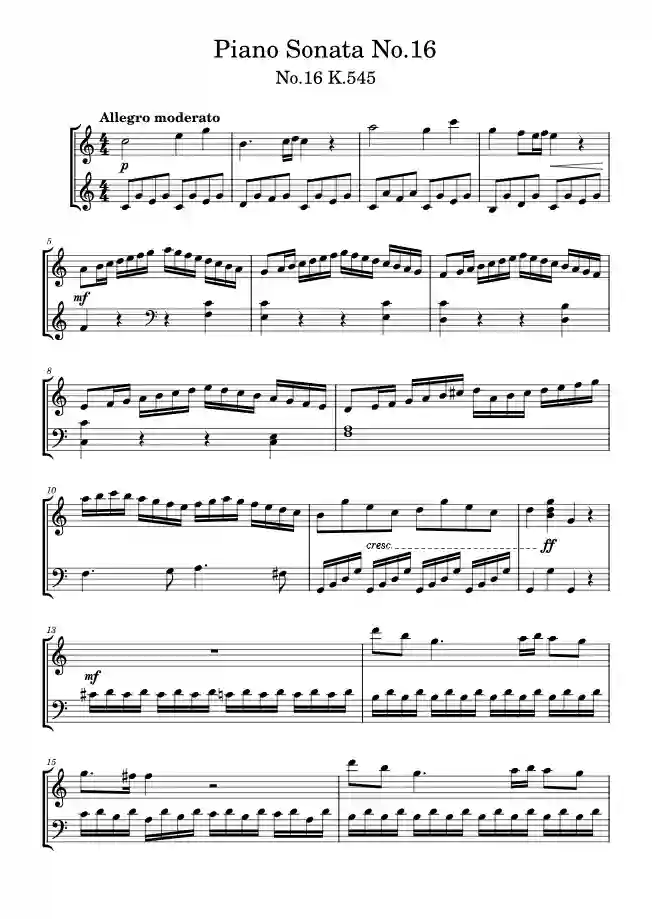 Sheet music page 1 Piano Sonata No. 16 in C Major, K.545 - Intermediate Version