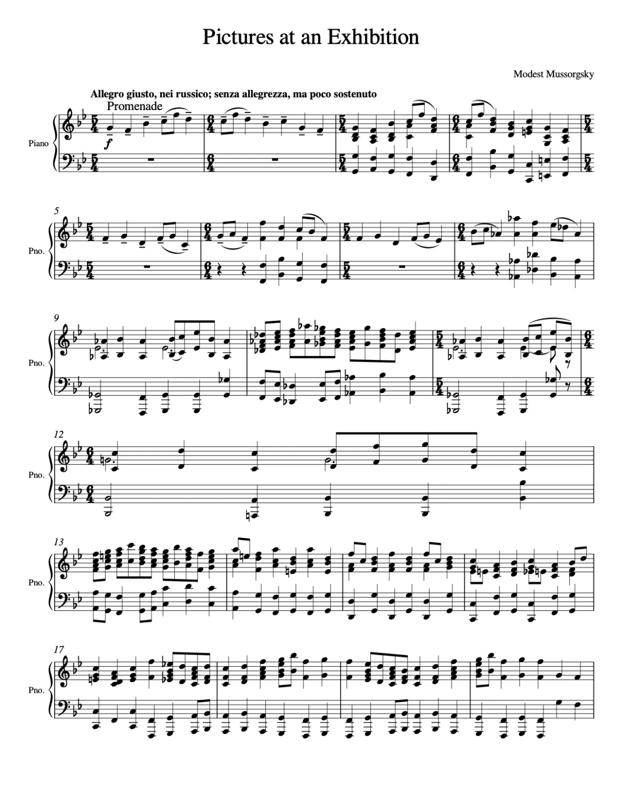 Sheet music page 1, Pictures at an Exhibition - Advanced Version