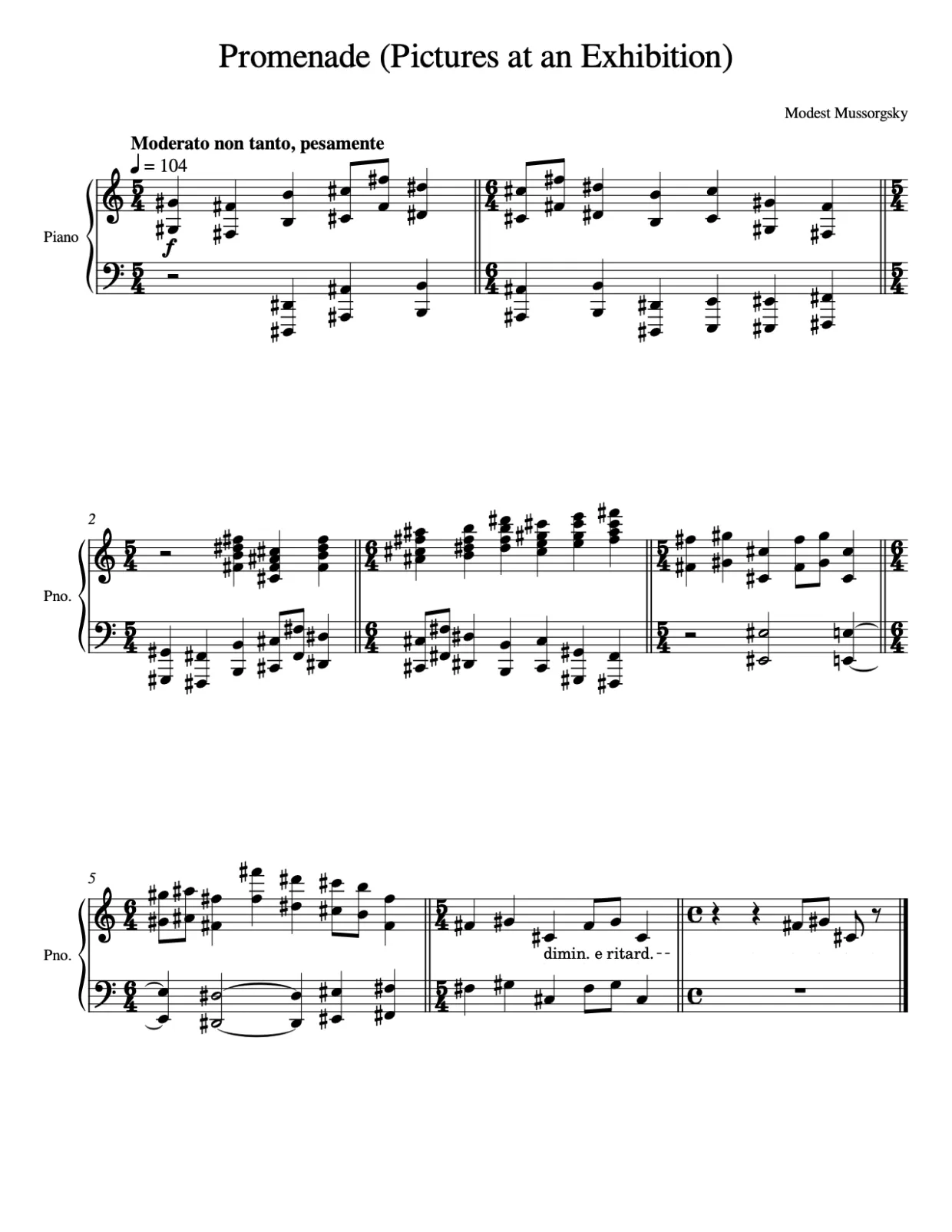 Sheet music page 1, Pictures at an Exhibition - Intermediate Version