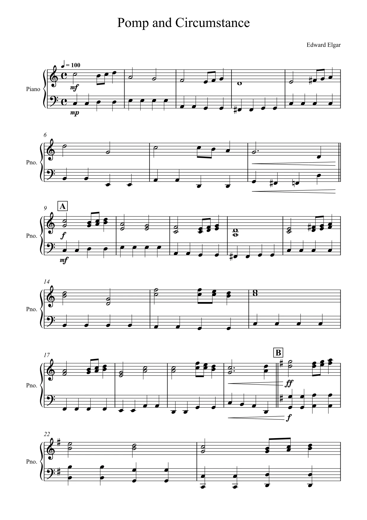 Sheet music page 1 Pomp and Circumstance - Intermediate Version