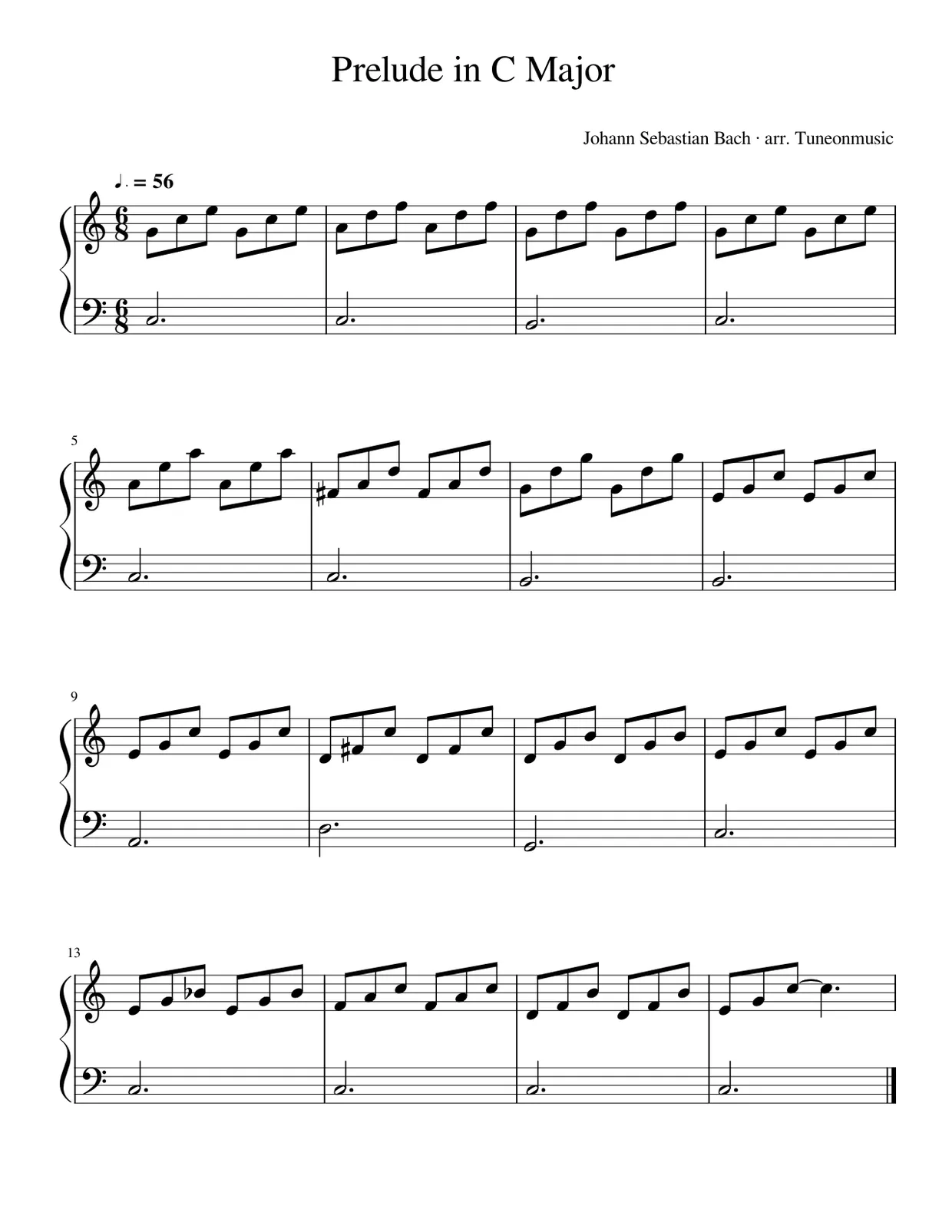 Sheet music page 1, Prelude in C major, BWV 846 - Beginner Version