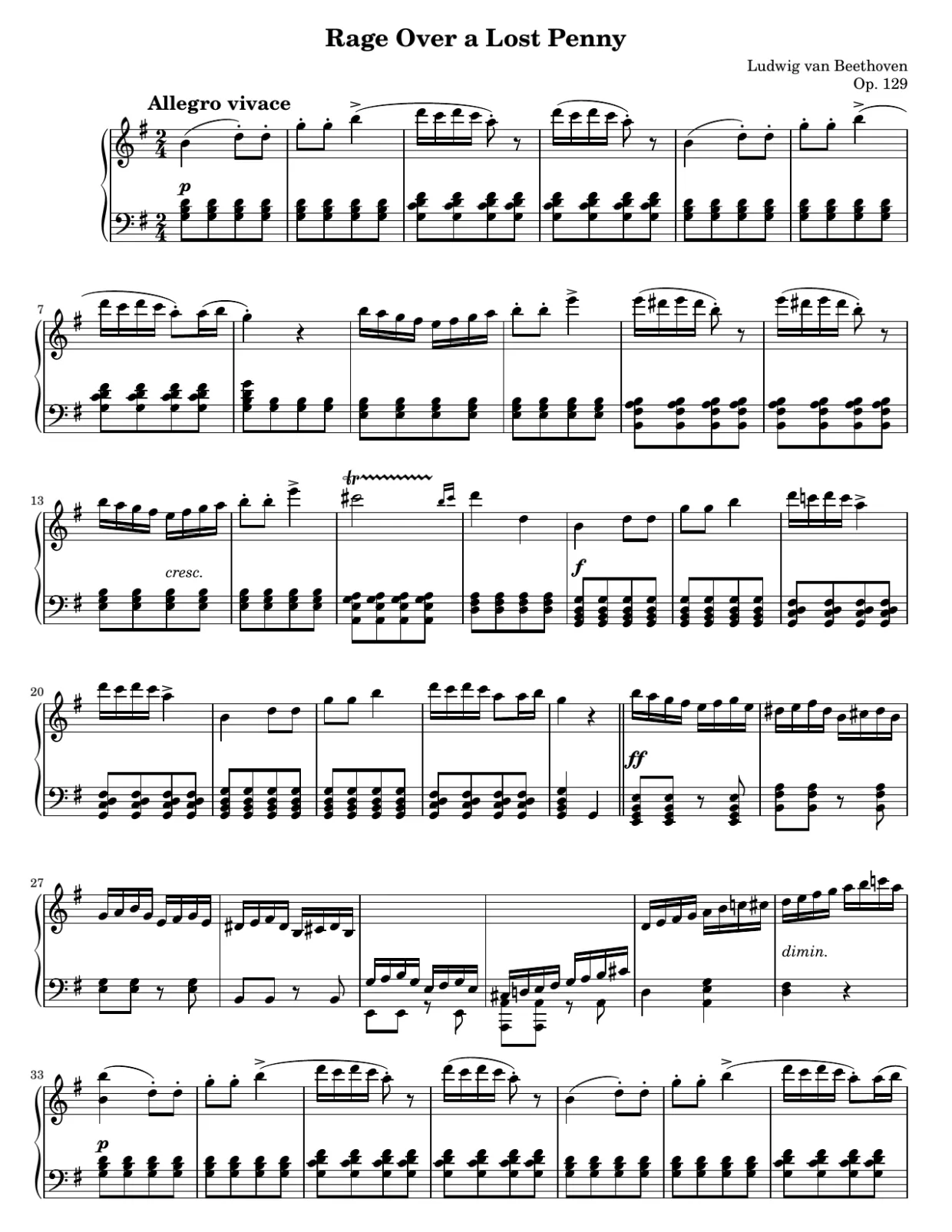 Sheet music page 1, Rage Over a Lost Penny (Rondo a capriccio, Op. 129) - Advanced Version