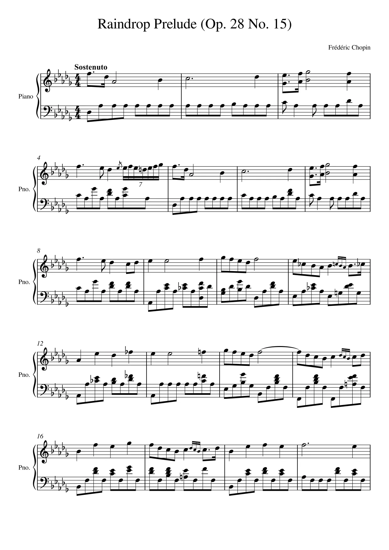 Sheet music page 1 Raindrop Prelude (Op. 28 No. 15) - Beginner Version