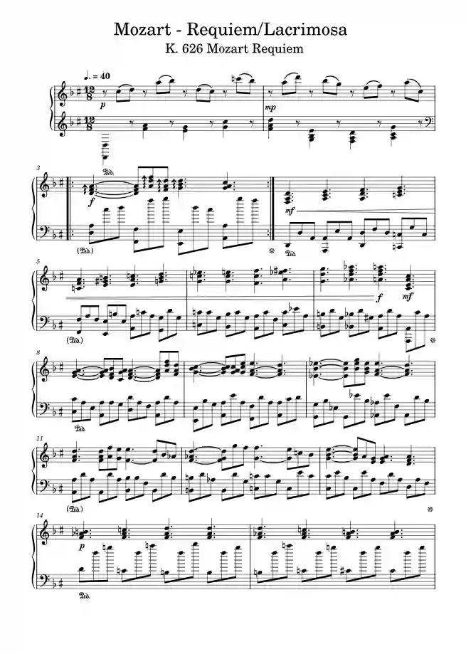 Sheet music page 1 Requiem in D Minor, K.626 (Lacrimosa) - Advanced Version