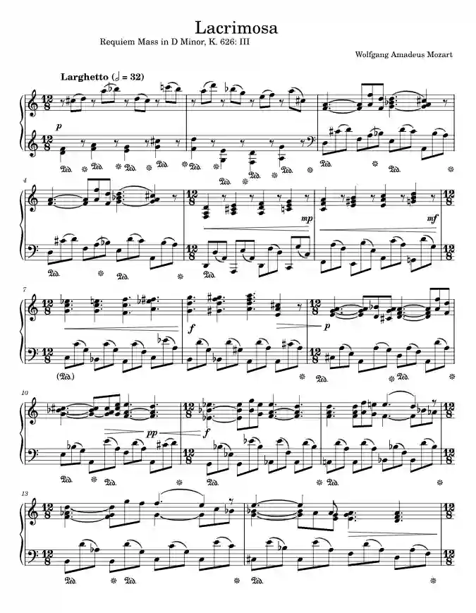 Sheet music page 1 Requiem in D Minor, K.626 (Lacrimosa) - Intermediate Version