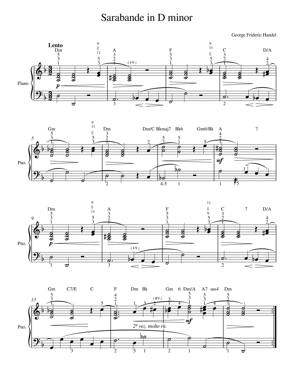 Sheet music page 1 Sarabande in D minor - Intermediate Version