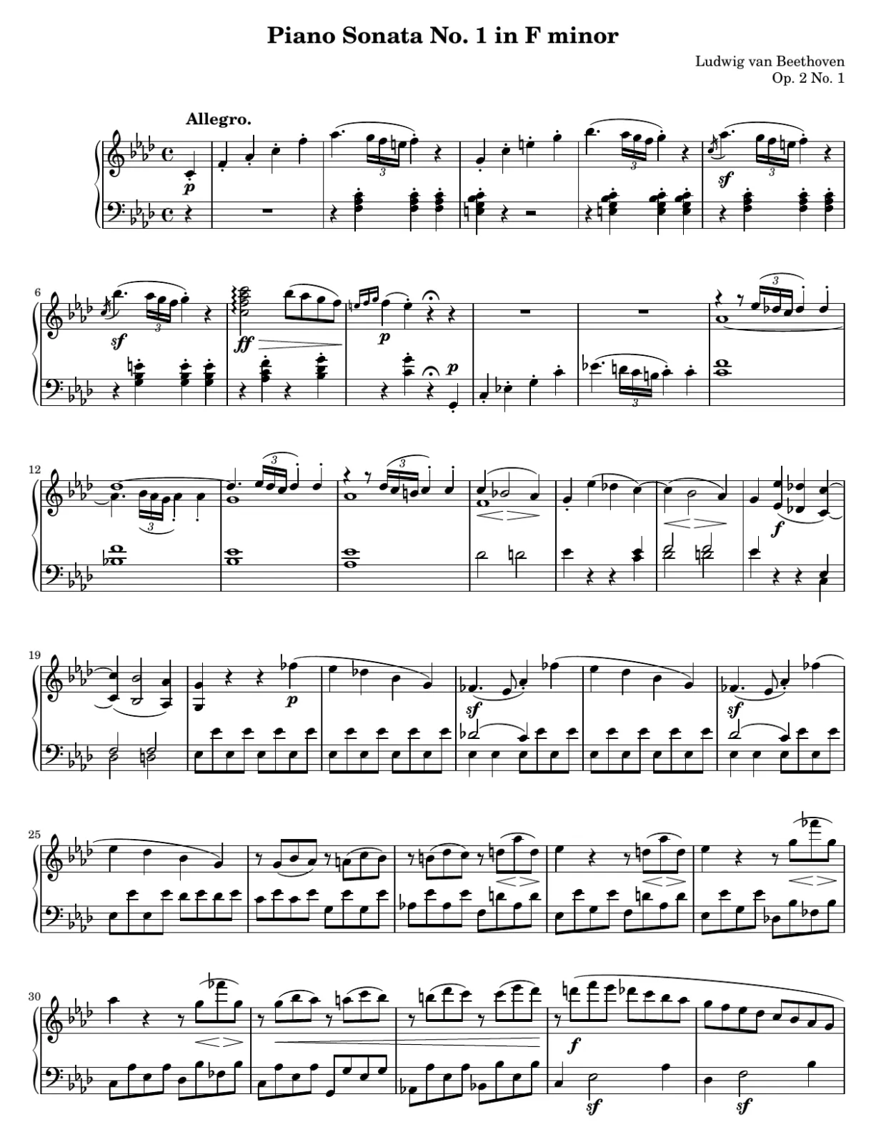 Notenseite 1, Sonate Nr. 1 f-Moll op. 2 Nr. 1 (1. Satz) - Fortgeschrittene Version