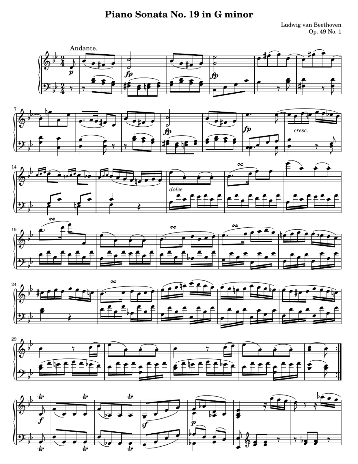 Partition page 1, Sonate n° 19 en sol mineur, op. 49 n° 1 (1er mouvement) - Version Intermédiaire