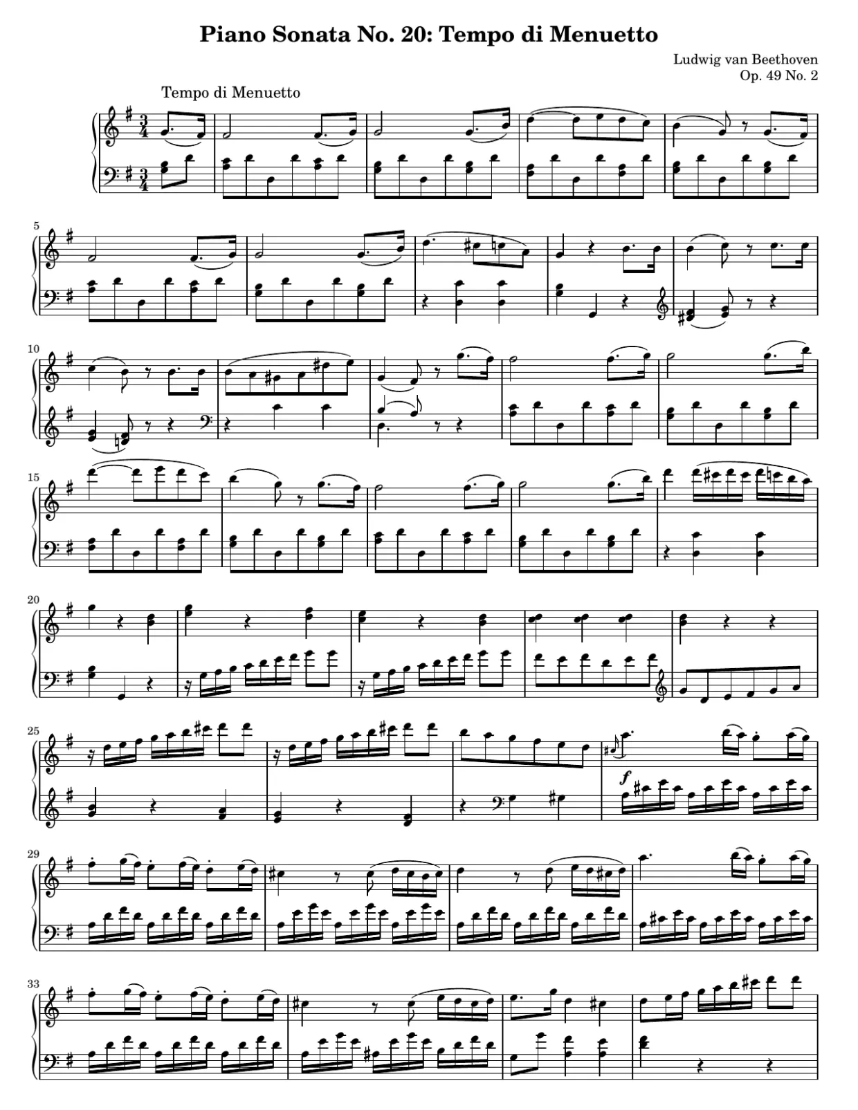 Partition page 1, Sonate n° 20 en sol majeur (Tempo di Menuetto) - Version Intermédiaire
