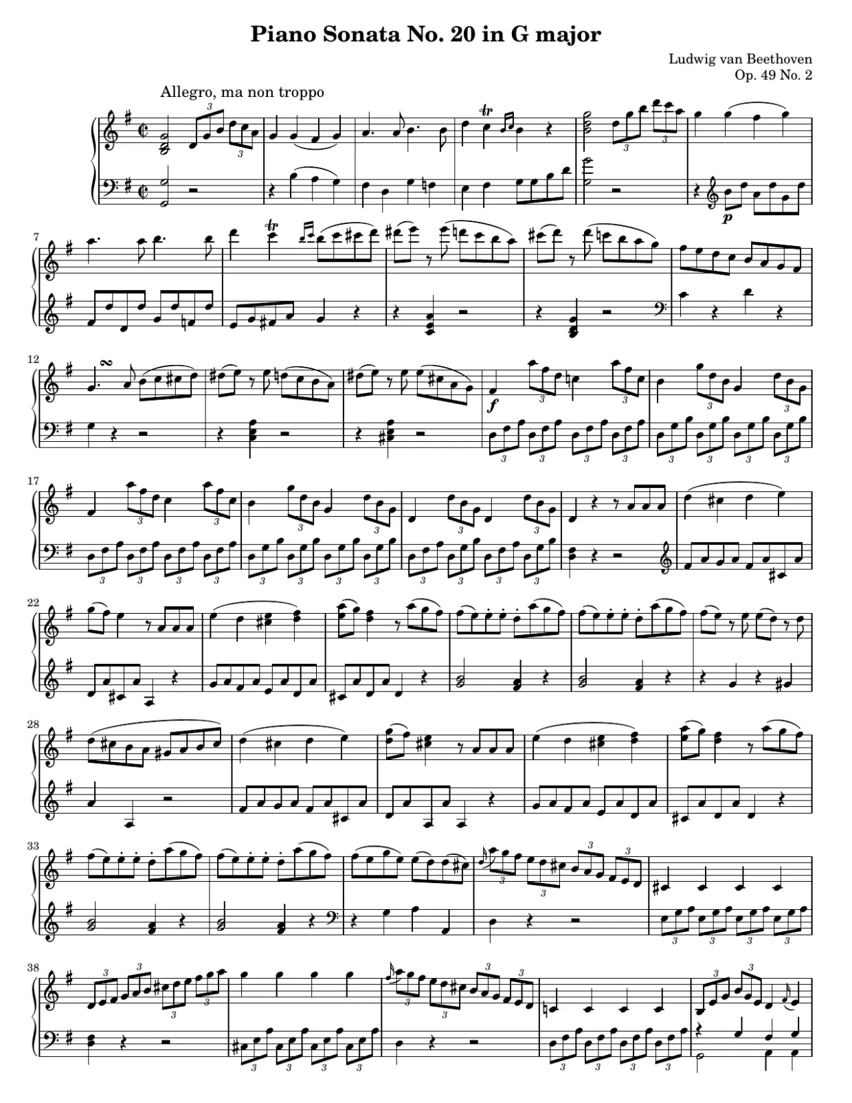 Bladmuziekpagina 1, Sonate nr. 20 in G majeur, op. 49 nr. 2 (1e deel) - Gemiddelde versie