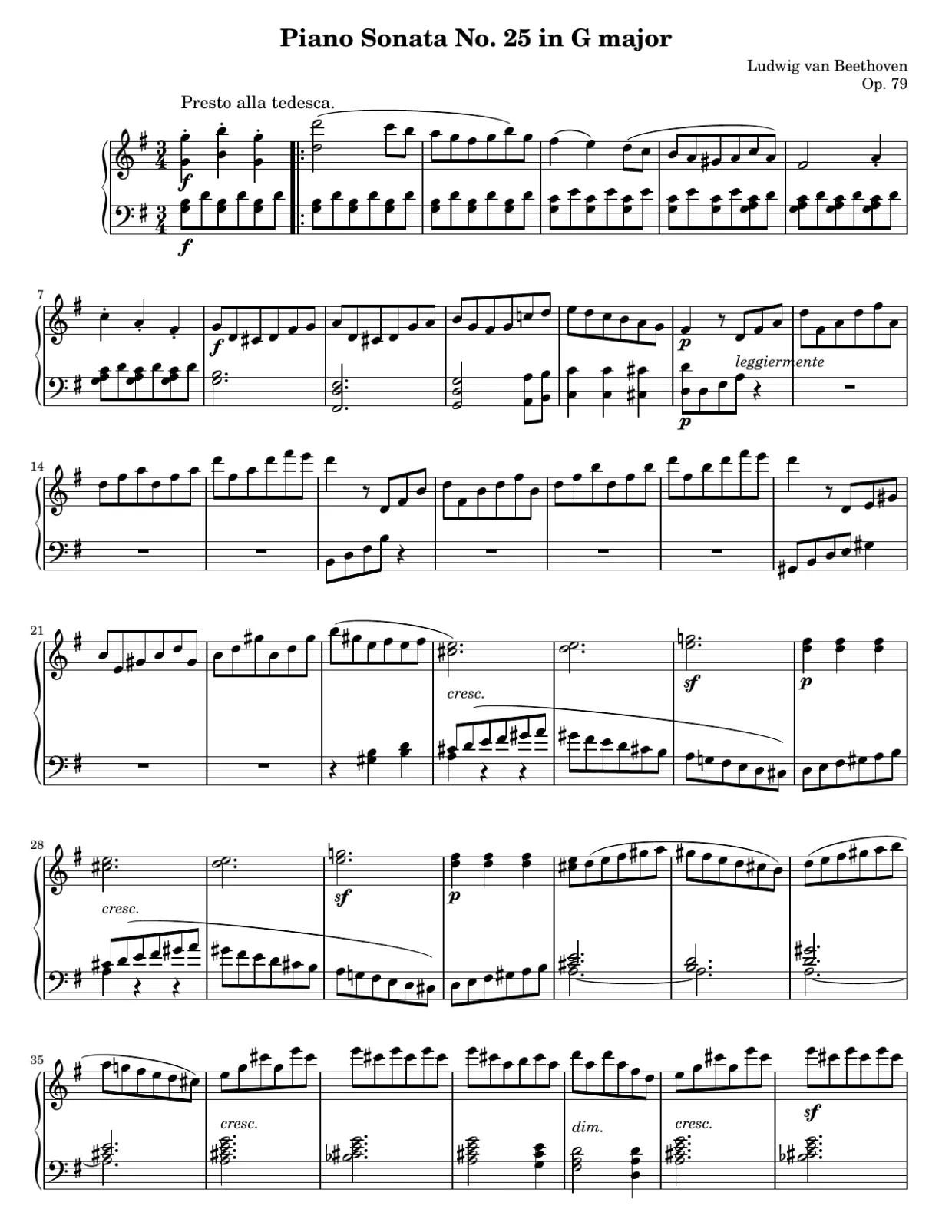 乐谱第 1 页，G大调第25号奏鸣曲，作品79（第一乐章） - 中级版本