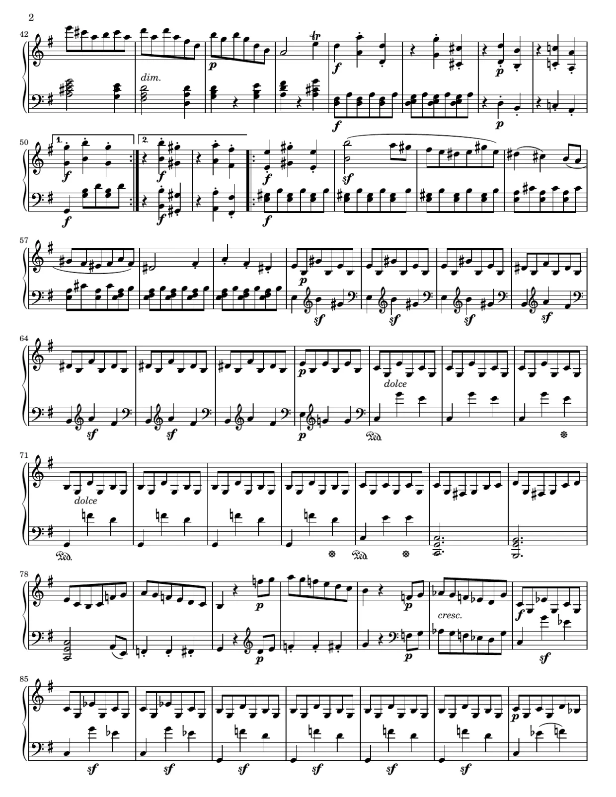 乐谱第 2 页，G大调第25号奏鸣曲，作品79（第一乐章） - 中级版本