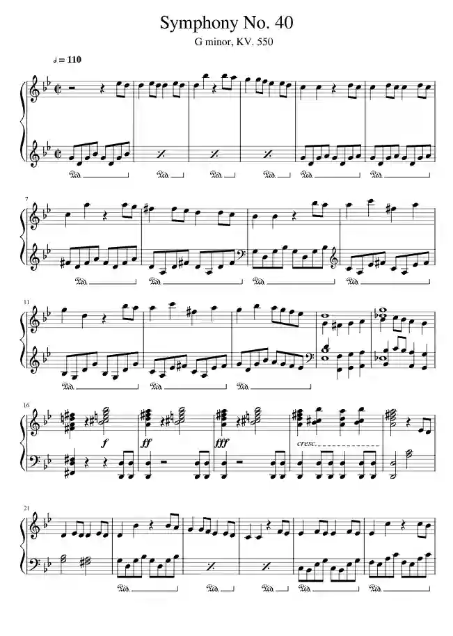 Sheet music page 1 Symphony No. 40 in G Minor, K.550 - Intermediate Version