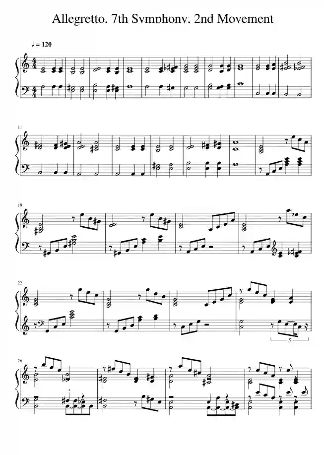 Sheet music page 1 Symphony No. 7, Op.92 in A major - Intermediate Version