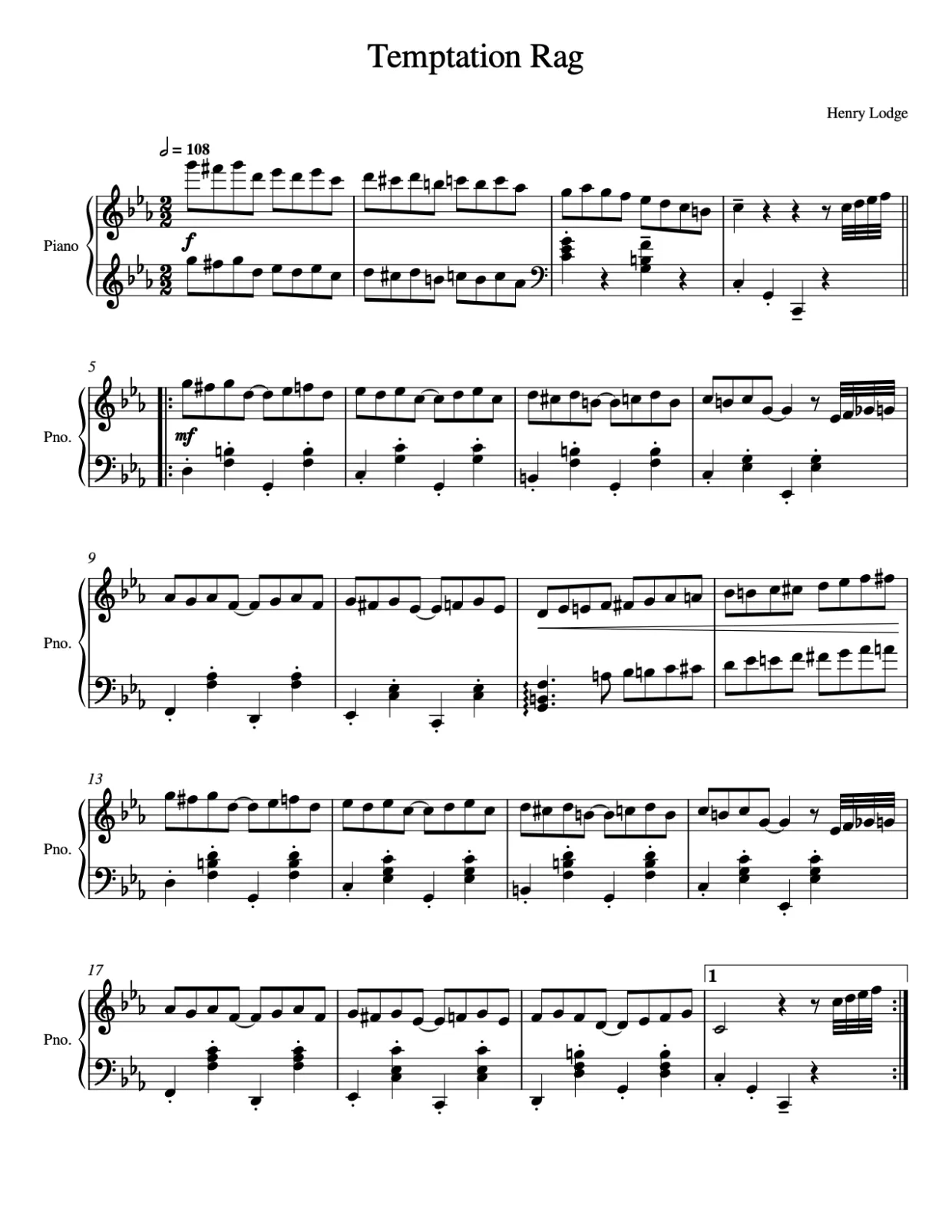 Sheet music page 1, Temptation Rag - Advanced Version
