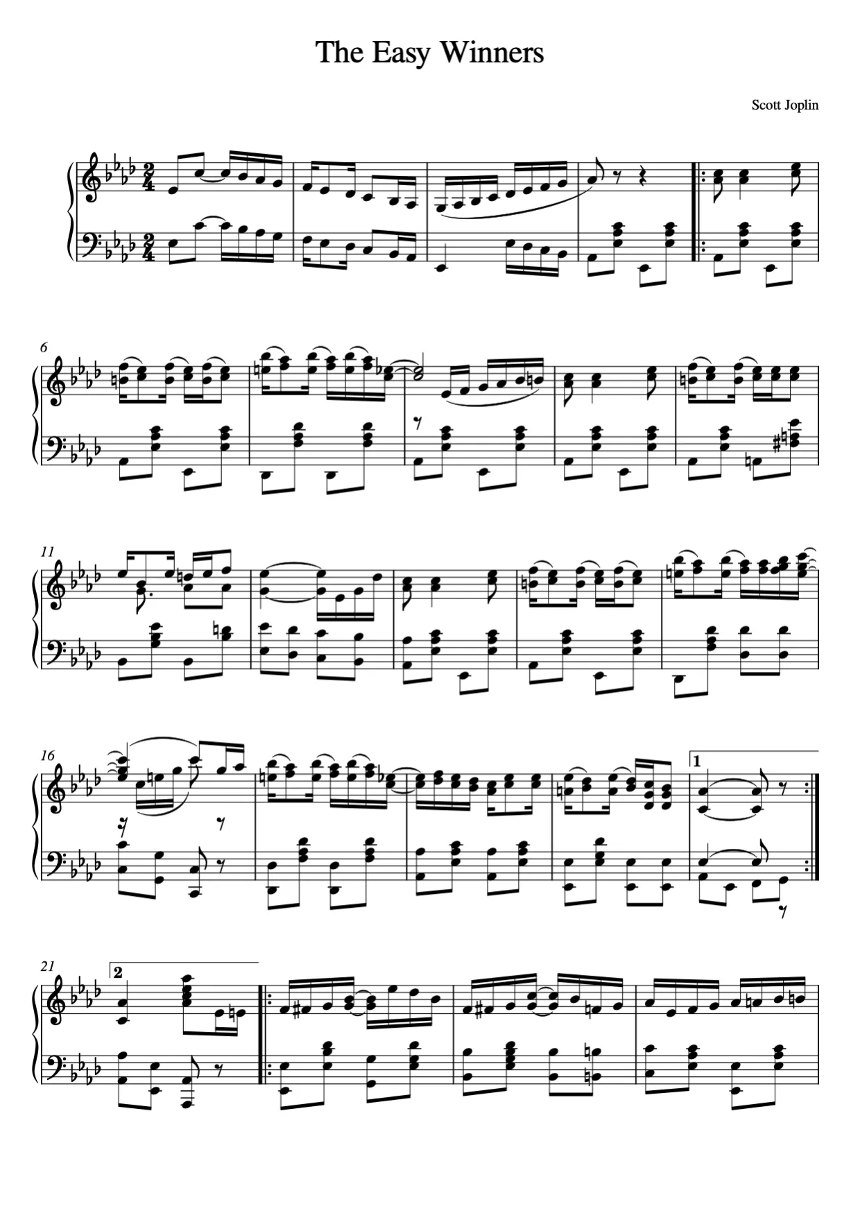 Sheet music page 1, The Easy Winners - Advanced Version