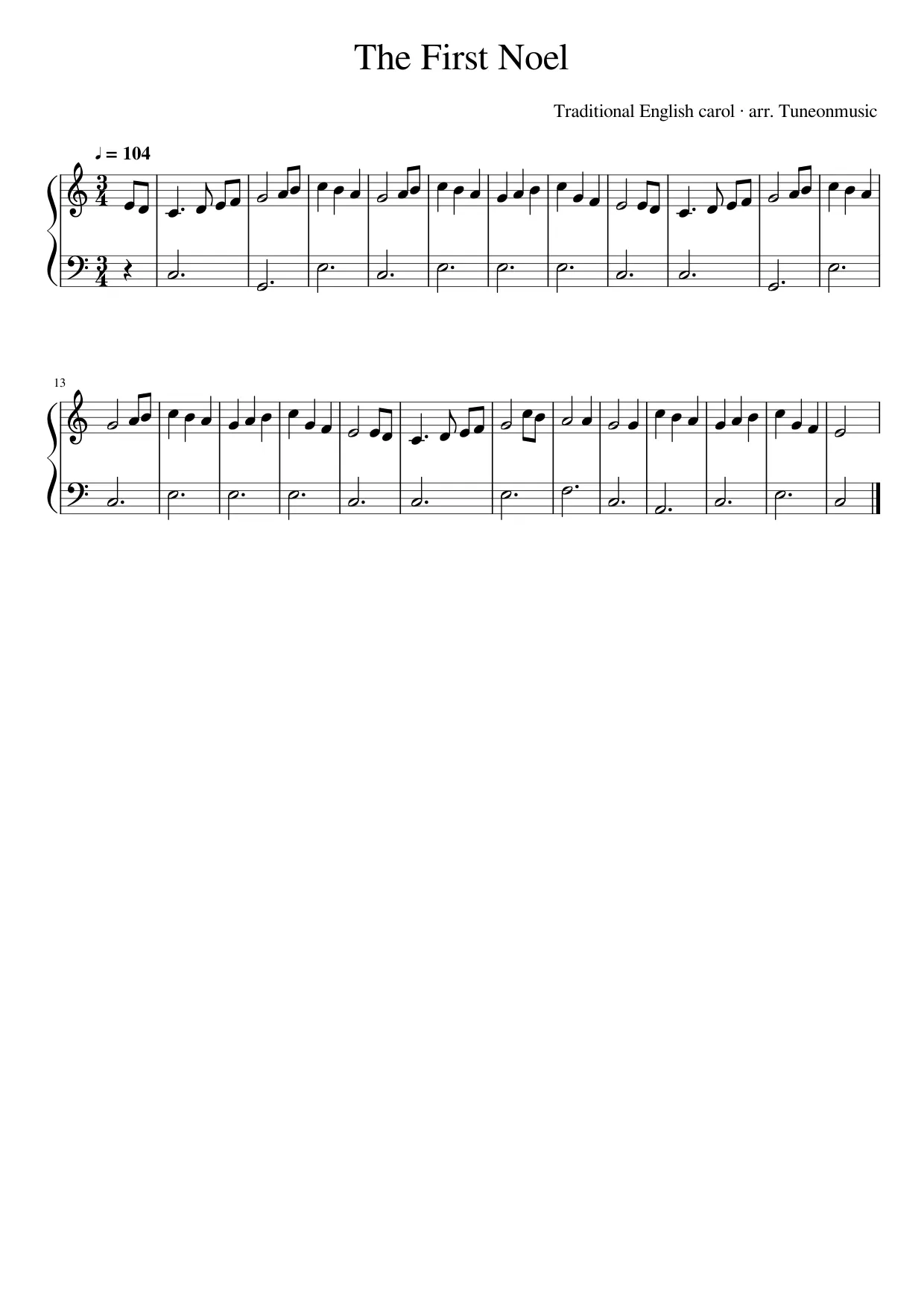 Sheet music page 1, The First Noel - Beginner Version