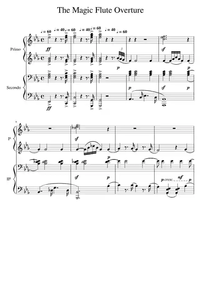 Sheet music page 1 The Magic Flute Overture, K. 620 - Intermediate Version