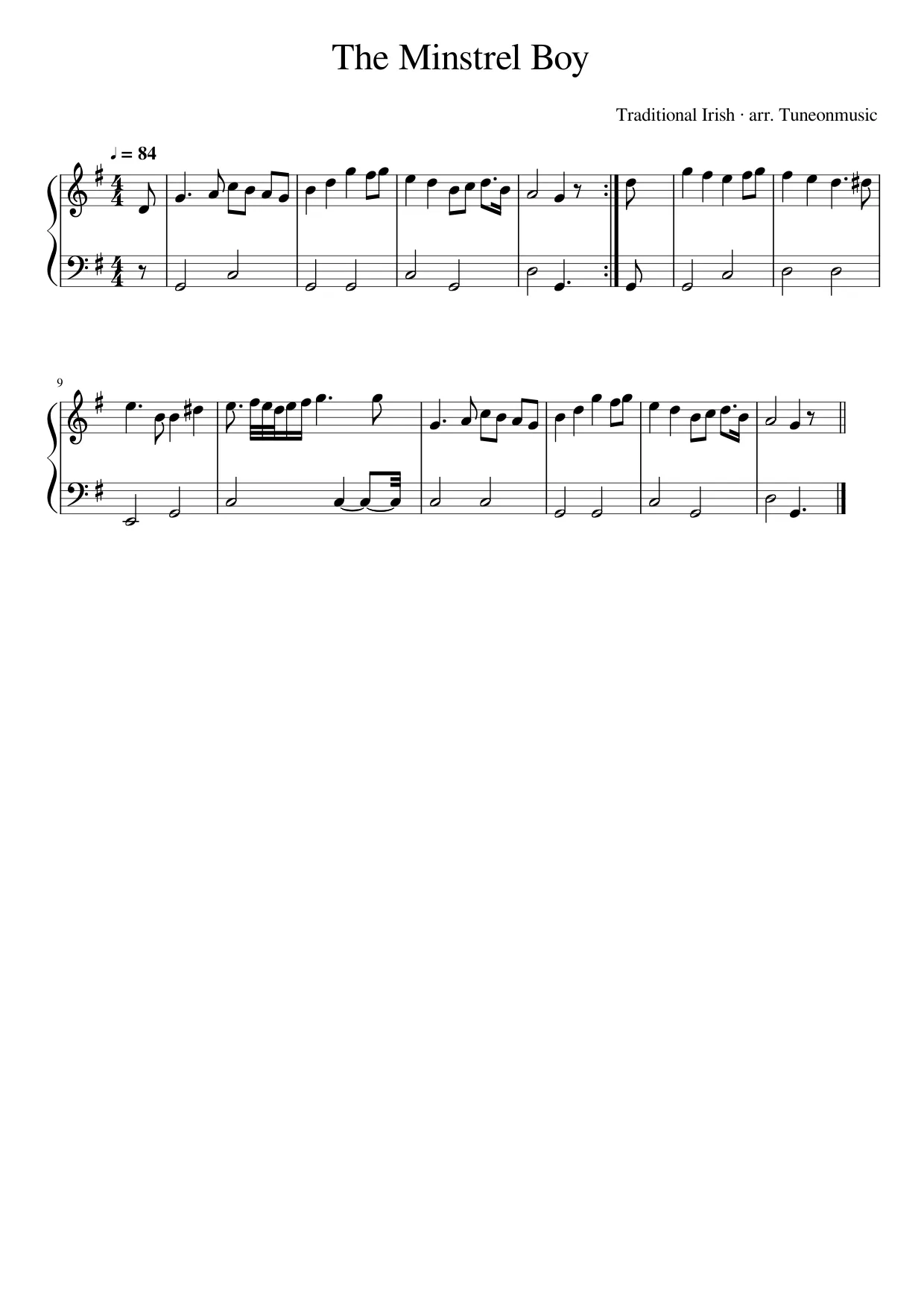 Sheet music page 1, The Minstrel Boy - Beginner Version