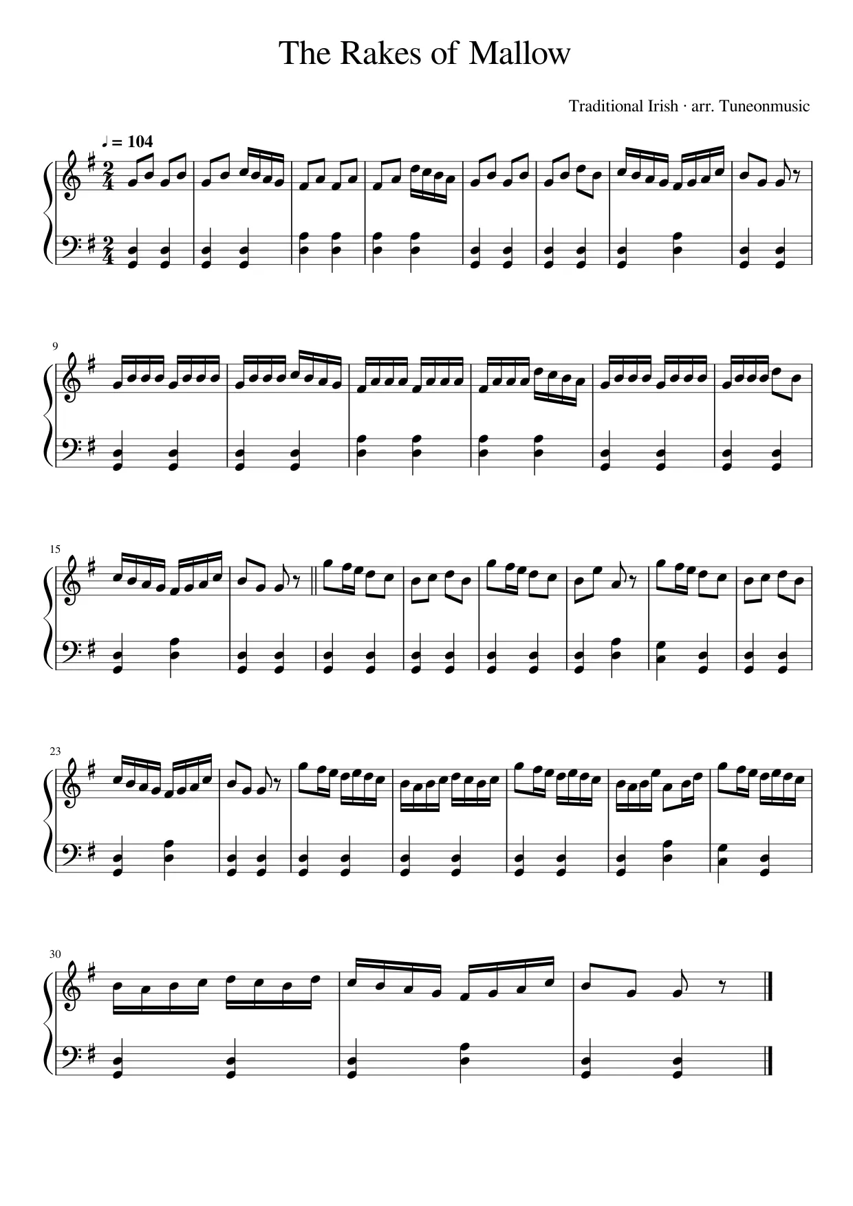Sheet music page 1, The Rakes of Mallow - Intermediate Version
