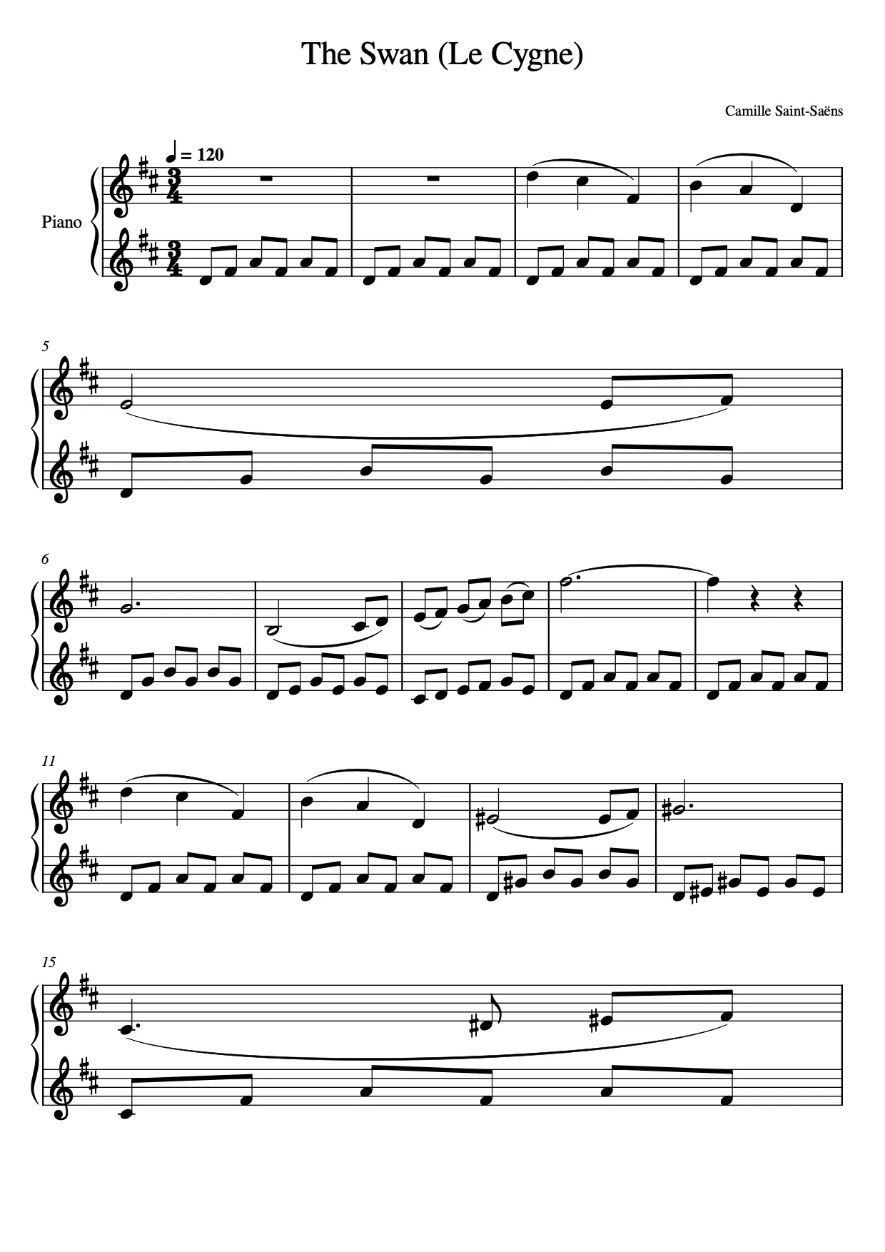 Sheet music page 1 The Swan (Le Cygne) - Beginner Version